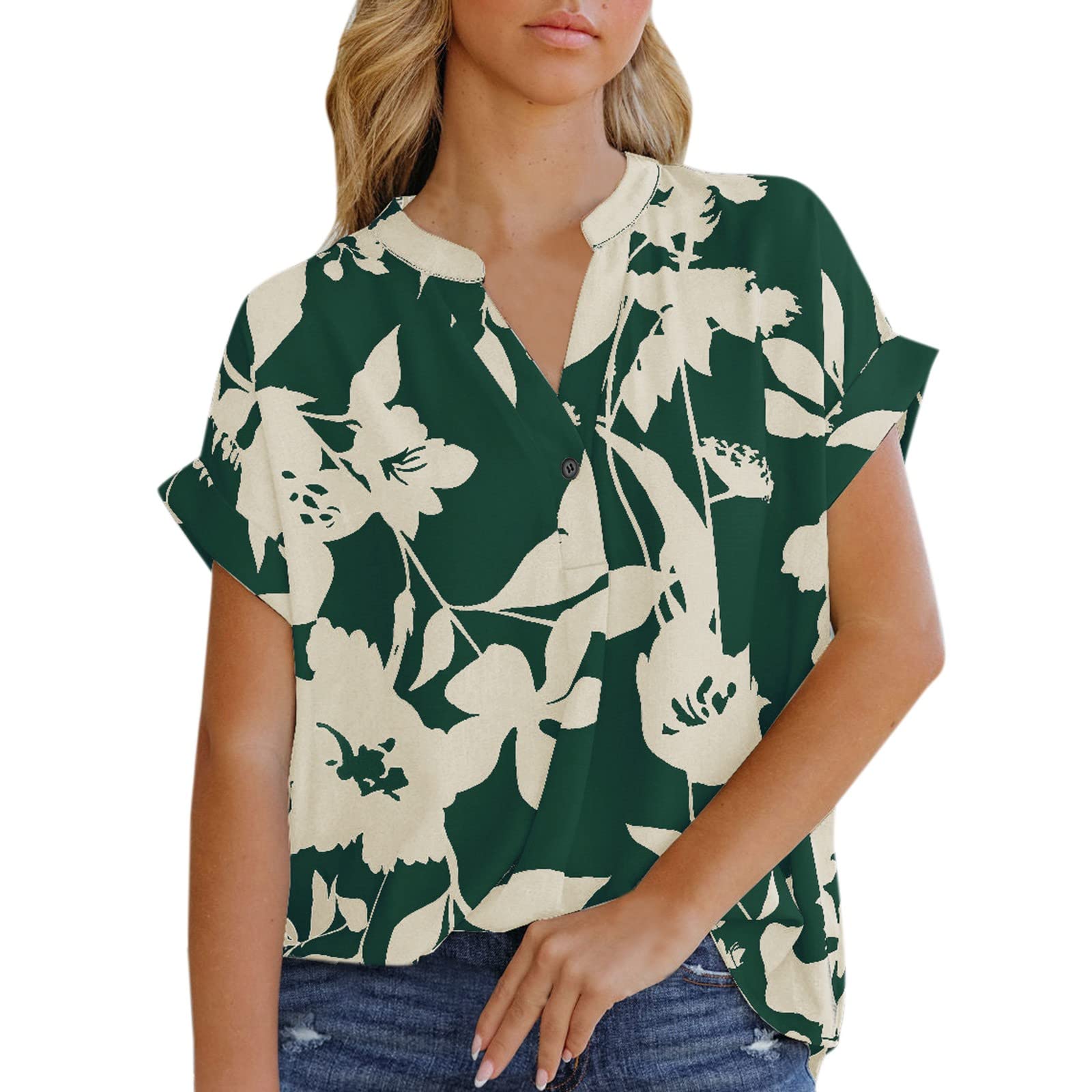 Women's Hawaiian V-Neck T-Shirts - Short Sleeve Casual Drop Shoulder Blouse | Beach Vacation, Summer Outfits & Lounge Wear