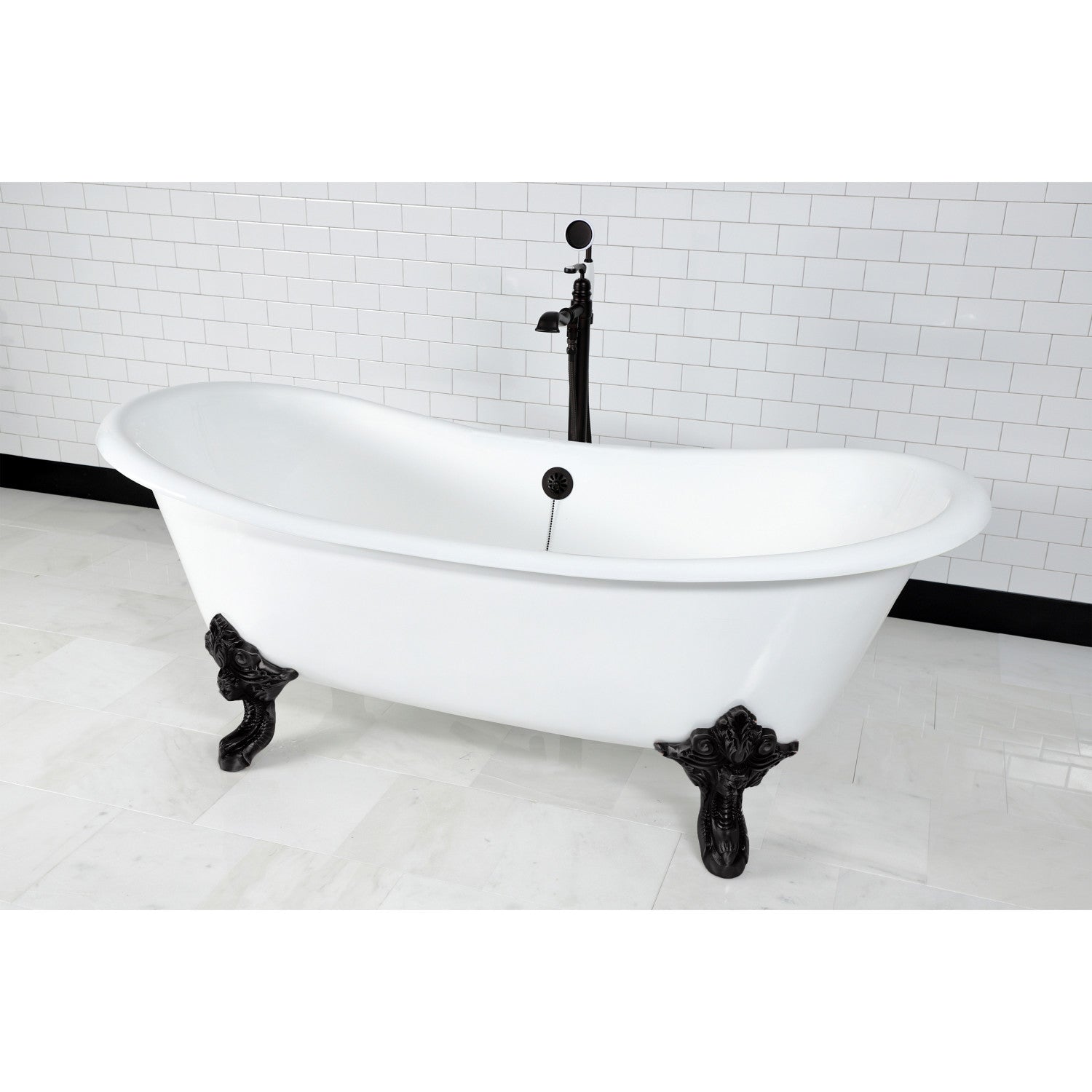 72 Inch White Matte Black Cast Iron Clawfoot Bathtub - Oval Double Slipper Design Without Faucet Drillings | Vintage Bathroom Centerpiece for Luxury Spa & Master Suite