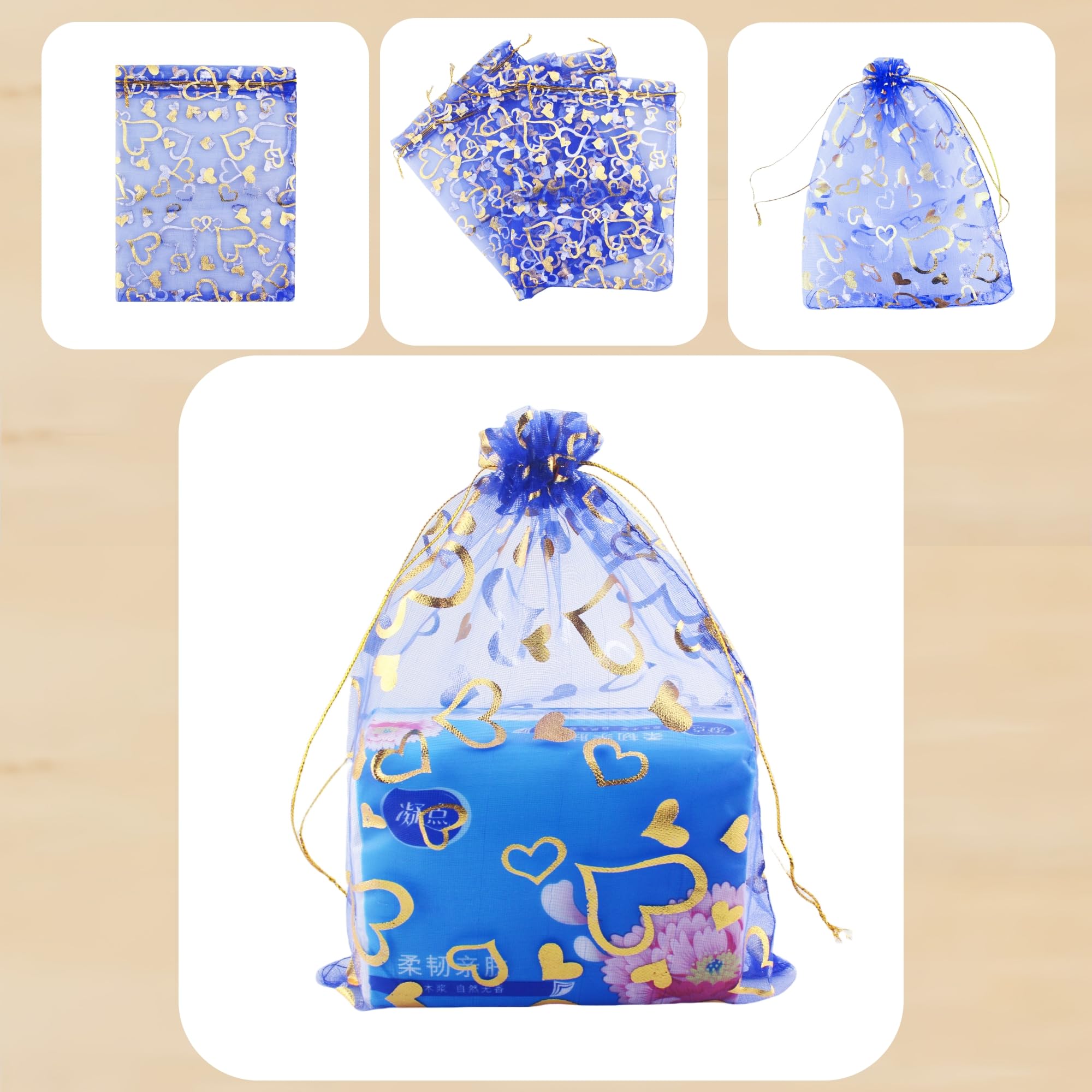 100 Pack 7x9 Inch Royal Blue Heart Drawstring Organza Bags - Jewelry Gift Pouch, Wedding Favor Bags, Candy Pouch for Party Favors, Bridal Shower, Baby Shower & Special Events