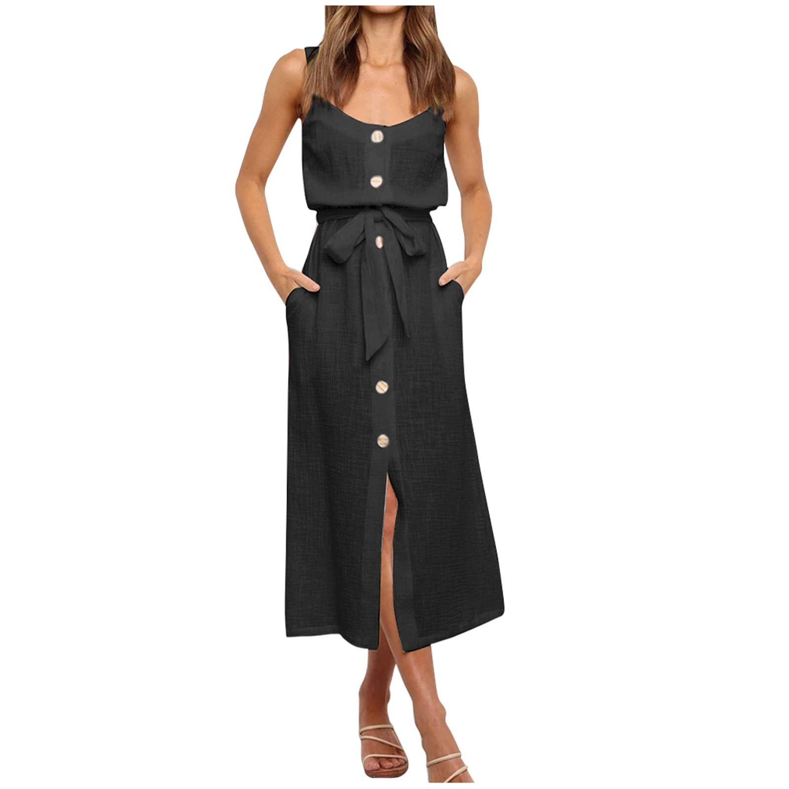 ESKNAS Women's Casual Vest Sleeveless Button Down Long Loose Sexy Summer Dress - Solid Color Bandage Style for Beach, Party & Daily Wear
