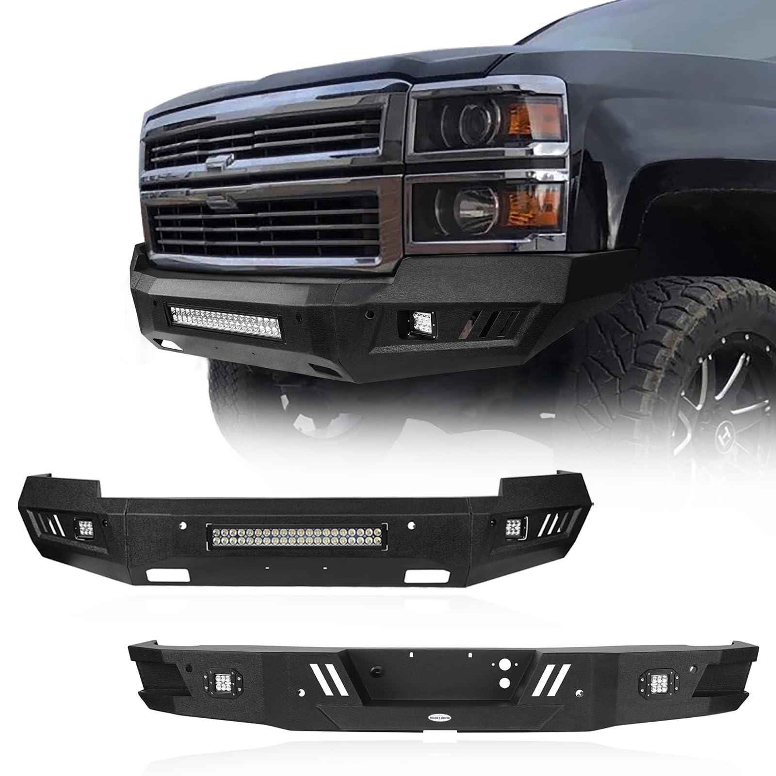 u-Box Silverado Full Width Front & Rear Bumper Combo Kit with LED Lights | Heavy Duty Steel Bumpers for 2014-2015 Chevrolet Silverado 1500 Pickup Truck | Off-Road Protection & Enhanced Style
