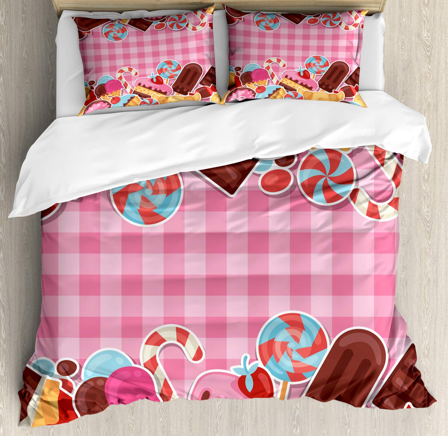 Ambesonne Sweets Duvet Cover Set - King Size 2 Pack with 2 Duvet Covers & 4 Pillowcases, Candy Cookie Sugar Lollipop Cake Ice Cream Print, Brown & Pale Pink Girls Bedding - Perfect for Kids Room, Teen Bedroom & Sweet Themed Decor