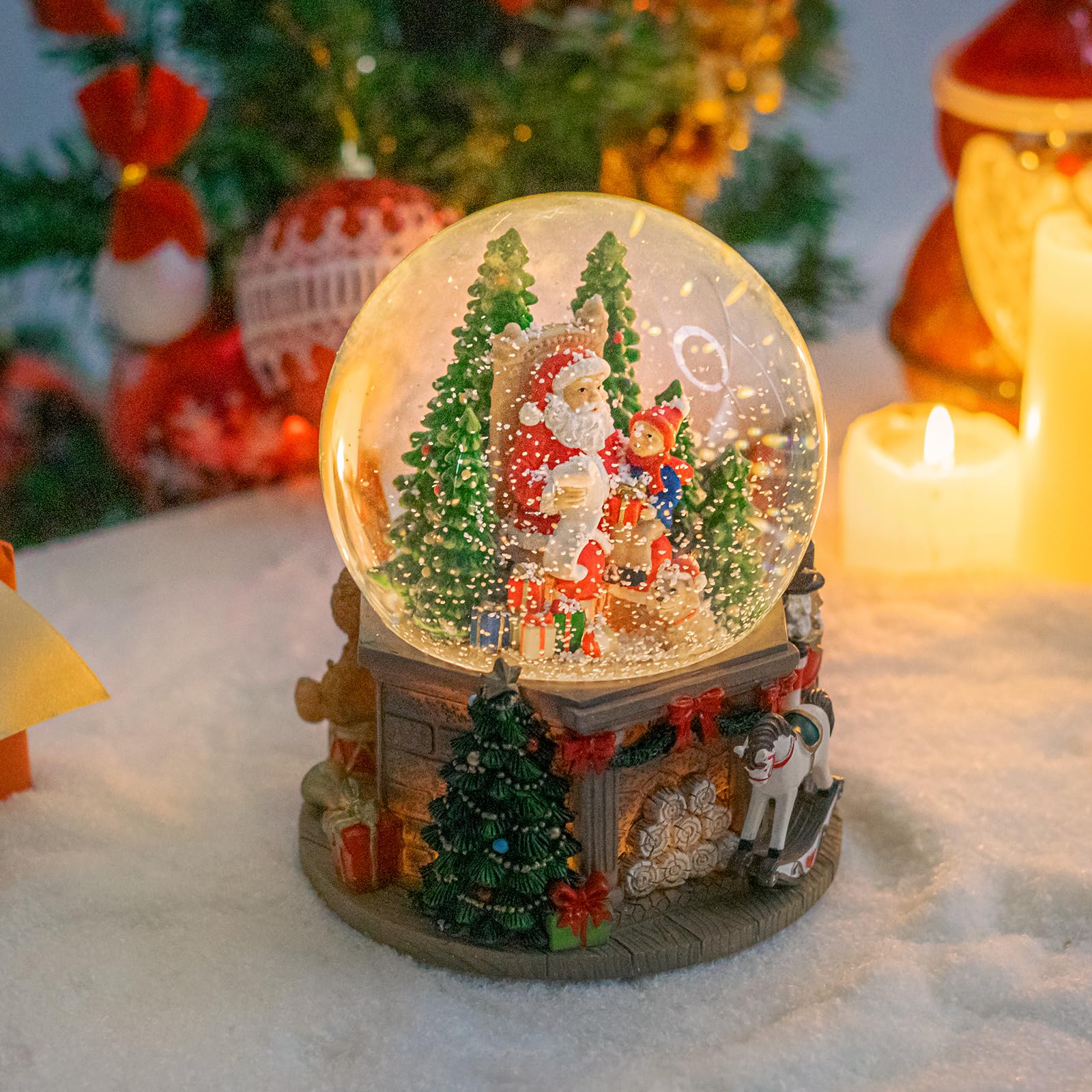 Taman Christmas Snow Globe with Santa, Gifts & White Horse - Musical Nutcracker with Swirling Glitter Snowflakes & LED Lights - Festive Tabletop Holiday Decor for Home, Office & Christmas Tree Display