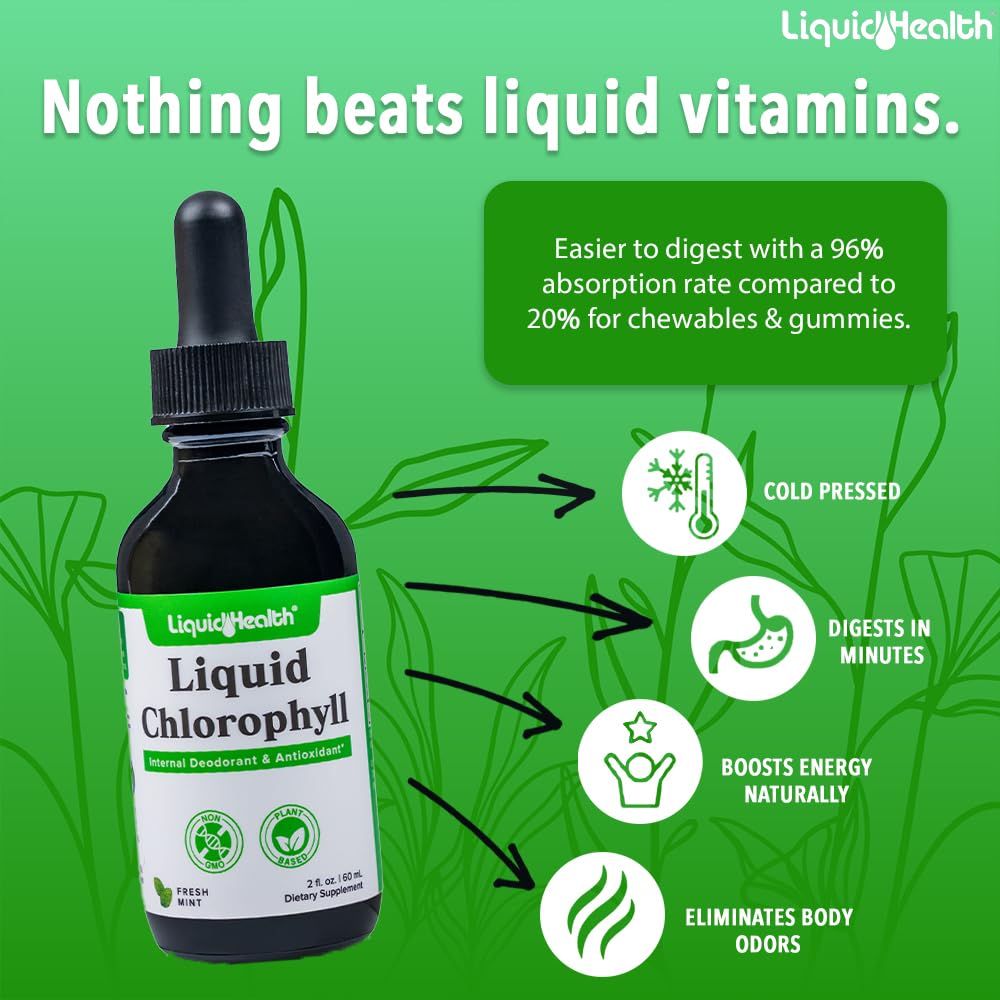 LIQUIDHEALTH Liquid Chlorophyll Drops - Natural Internal Deodorizer & Antioxidant Supplement for Liver Detox, Immune Support, Bad Breath Relief & Appetite Control - Promotes Hair, Skin & Collagen Health - Vegan, Non-GMO (2 Pack) - Perfect for Daily Wellness & Detox Routine