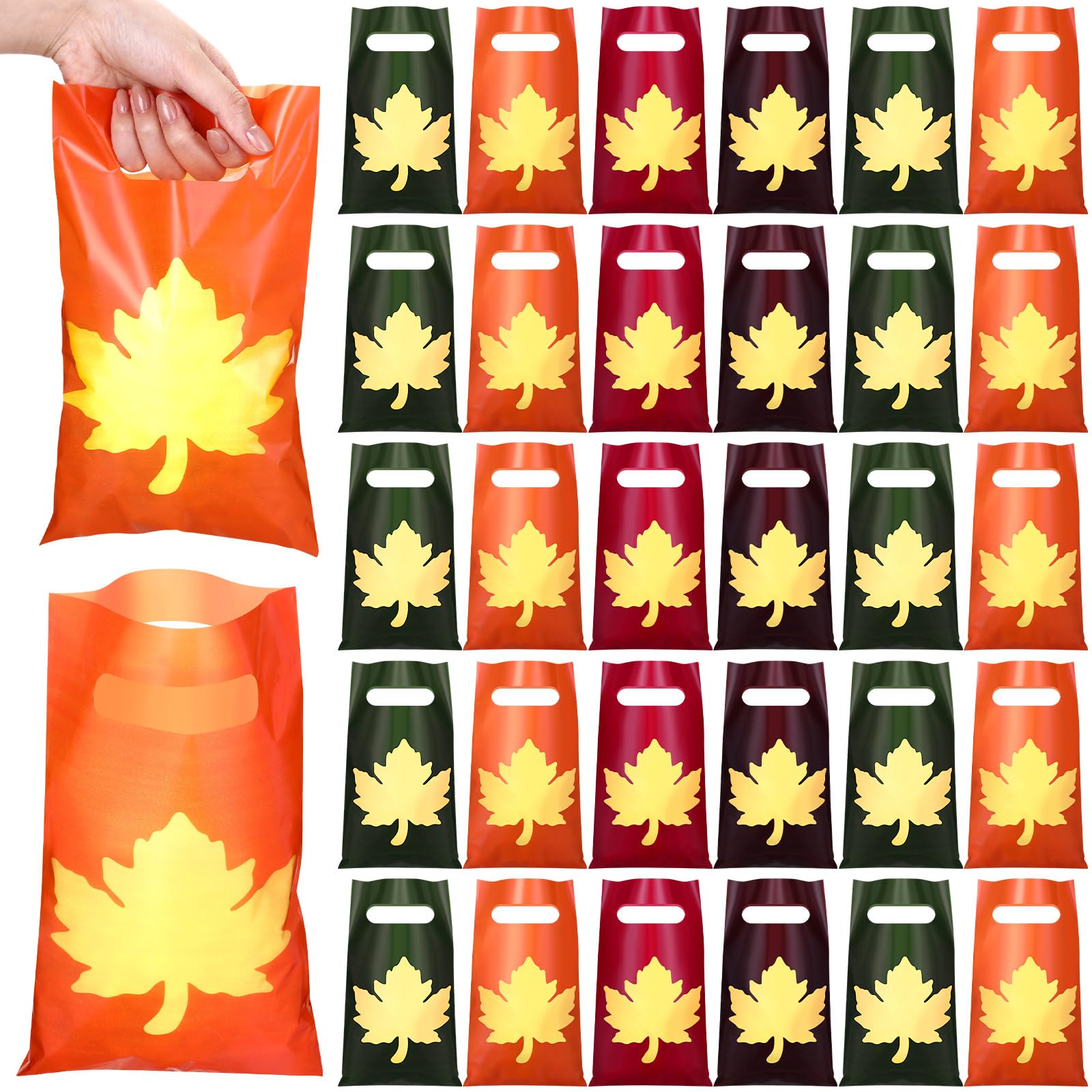 100 Pcs Reusable Fall Theme Gift Bags with Handles - Colorful Autumn Maple Leaf Treat Bags for Thanksgiving, Halloween, Wedding Favors & Party Decorations (9.84