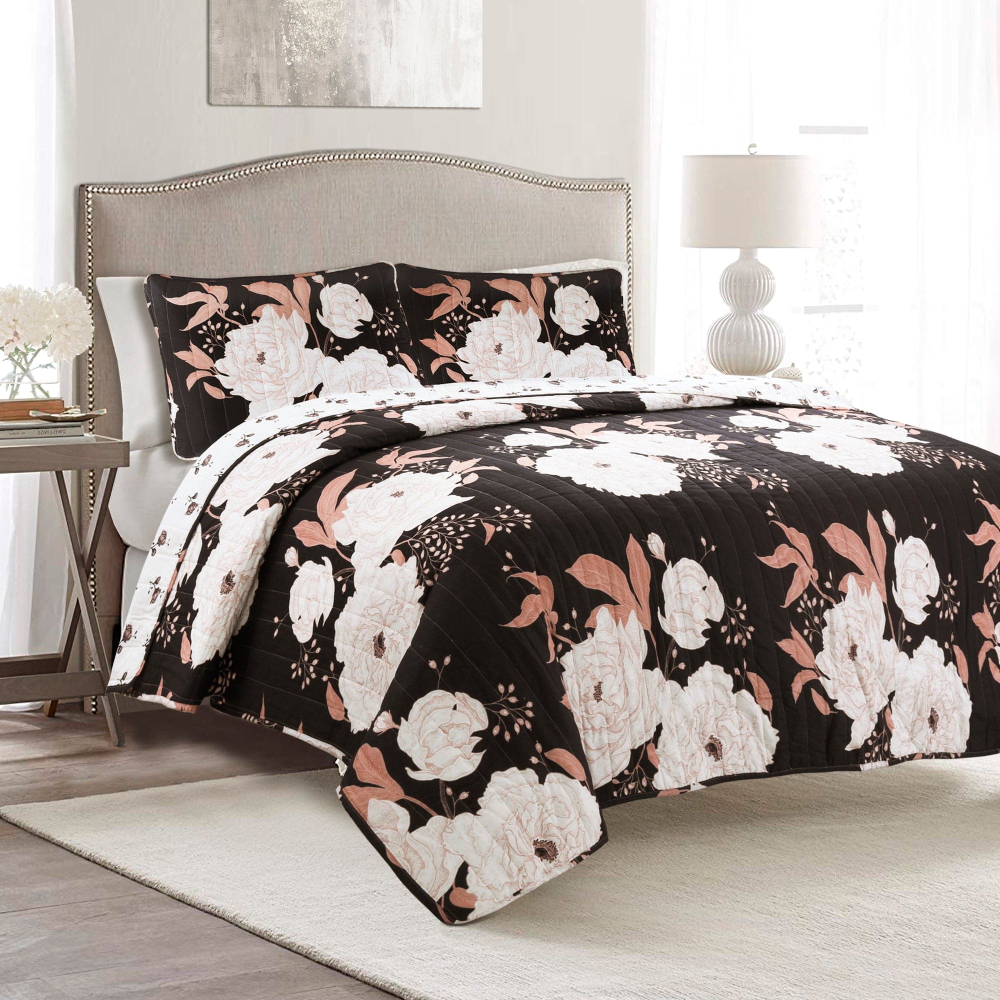 Zinnia Floral 3-Piece Quilt Set - Queen Size Bedding, Soft Microfiber Comforter with Matching Pillow Shams - Perfect for Master Bedroom, Guest Room & Cozy Home Decor