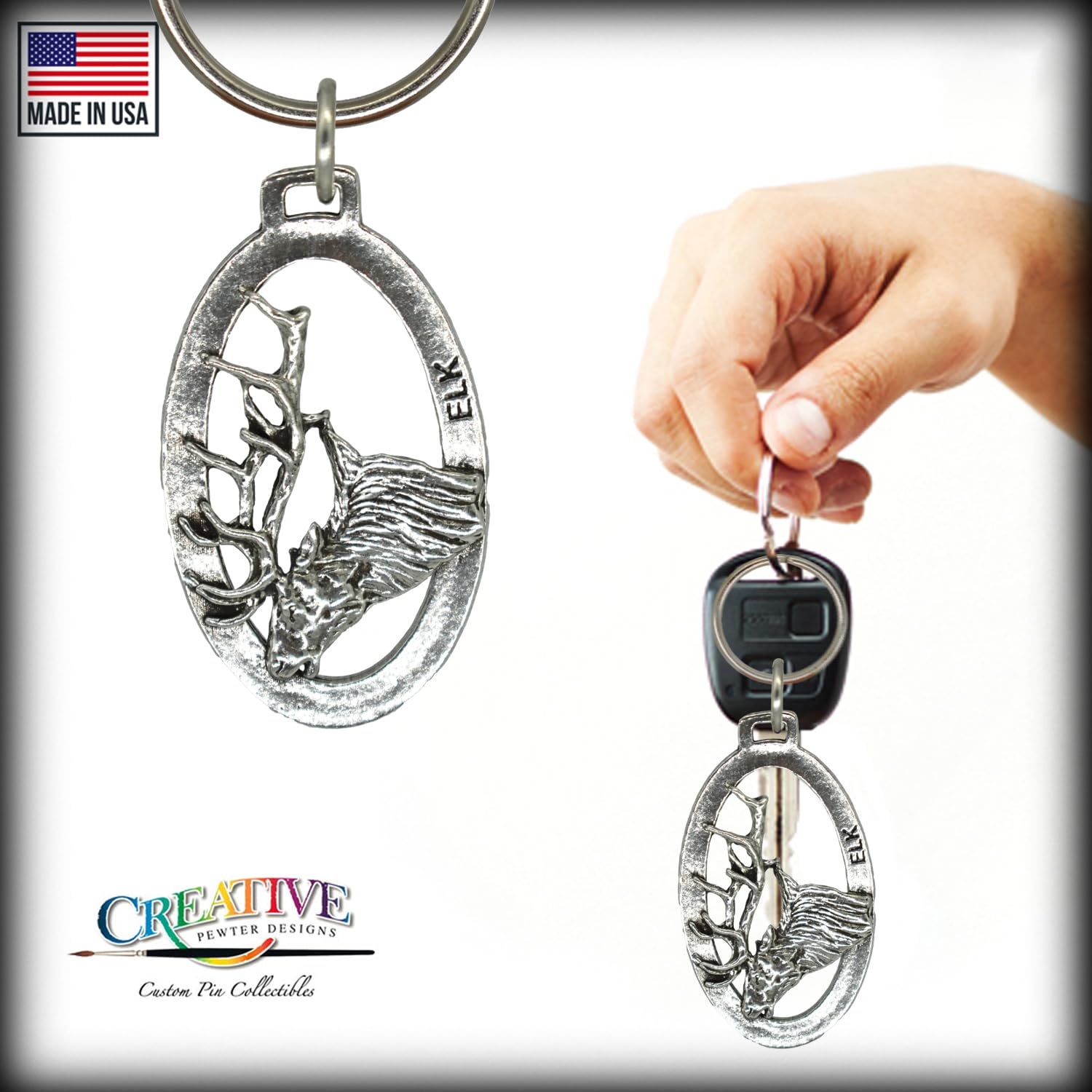 Handmade Pewter Elk Head Keychain - 2