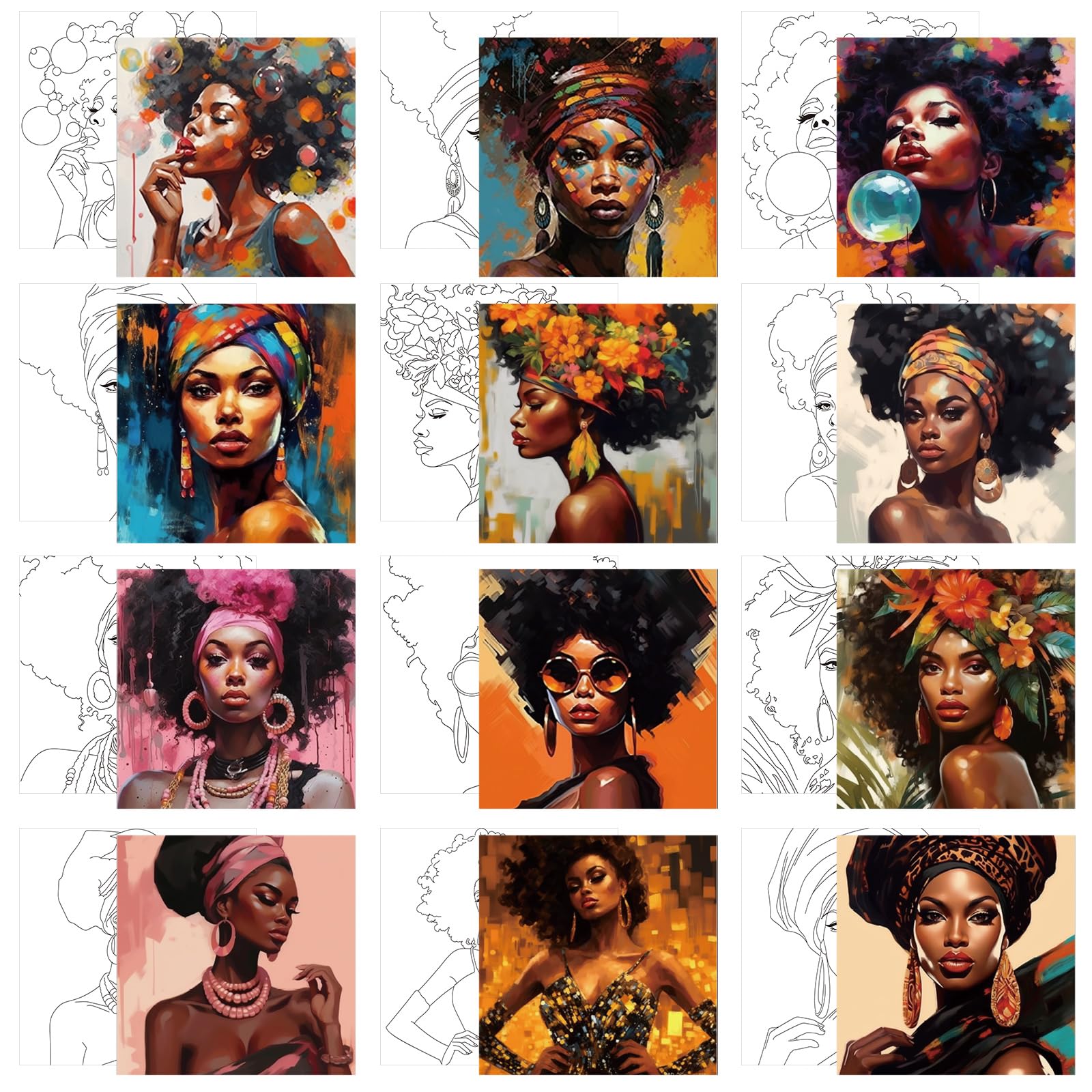 Affrolling 12-Piece Pre-Drawn 8x8 Inch Canvas Painting Kit for Adults - Ready-to-Paint Stretched Canvas with Drawing for Beginner Artists, DIY Art Projects & Date Night Party Supplies (Black Girl Portrait) - Perfect for Home Decor, Gift Ideas & Creative Relaxation