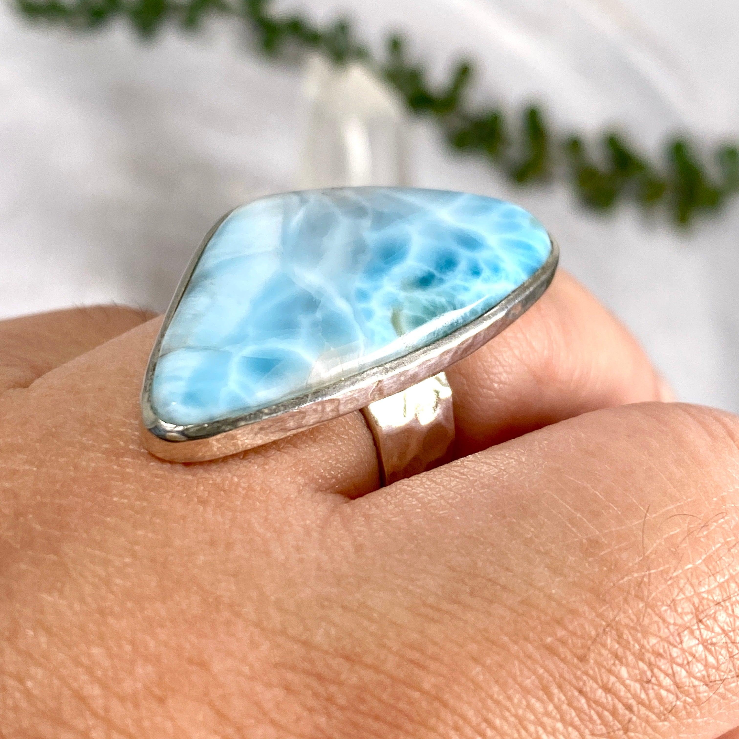 Larimar Freeform Hammered Band Ring - Size 11 - Handmade Sterling Silver Jewelry - KRGJ2181 | Perfect for Boho Fashion, Beach Weddings & Everyday Wear