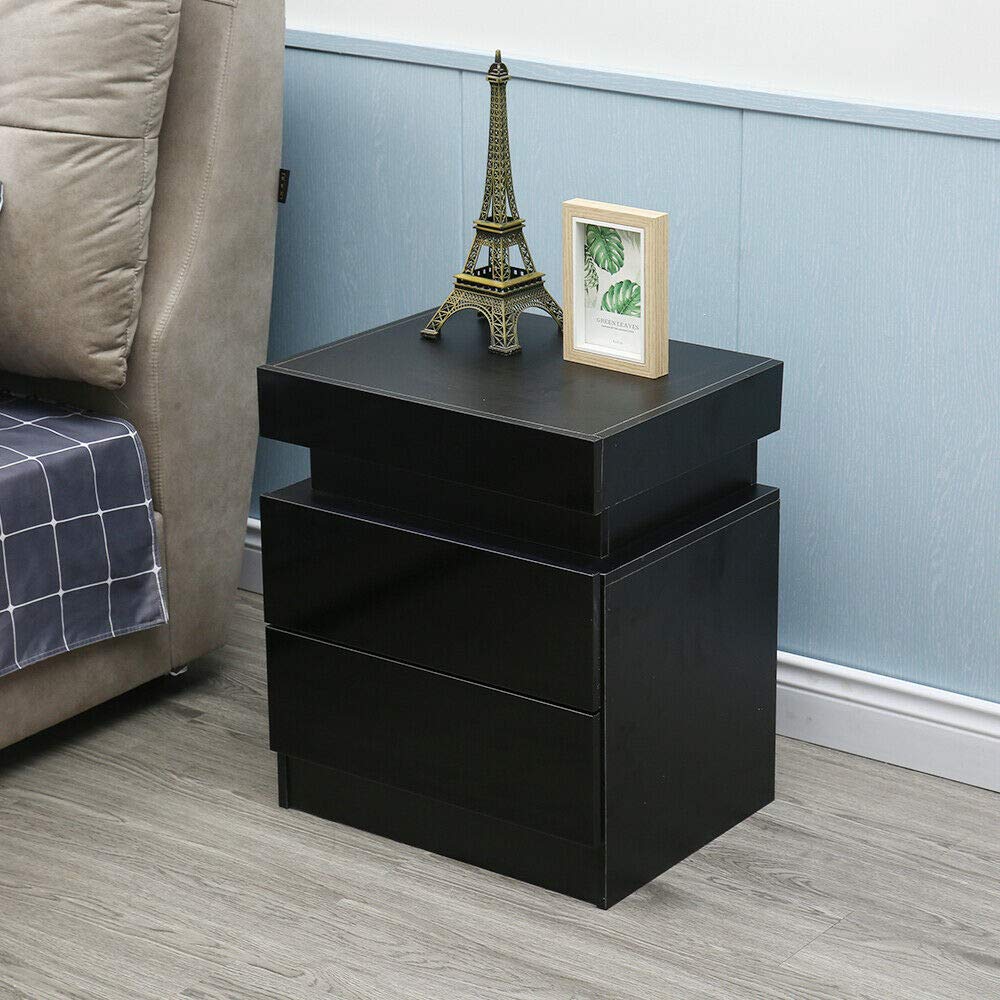 Eapmic Modern Black Nightstand with LED Lights & Remote Control - Color Changing Bedside Table with 2 Drawers, Particle Board End Table for Bedroom (Black) | Perfect for Small Spaces, Guest Rooms & Contemporary Home Decor