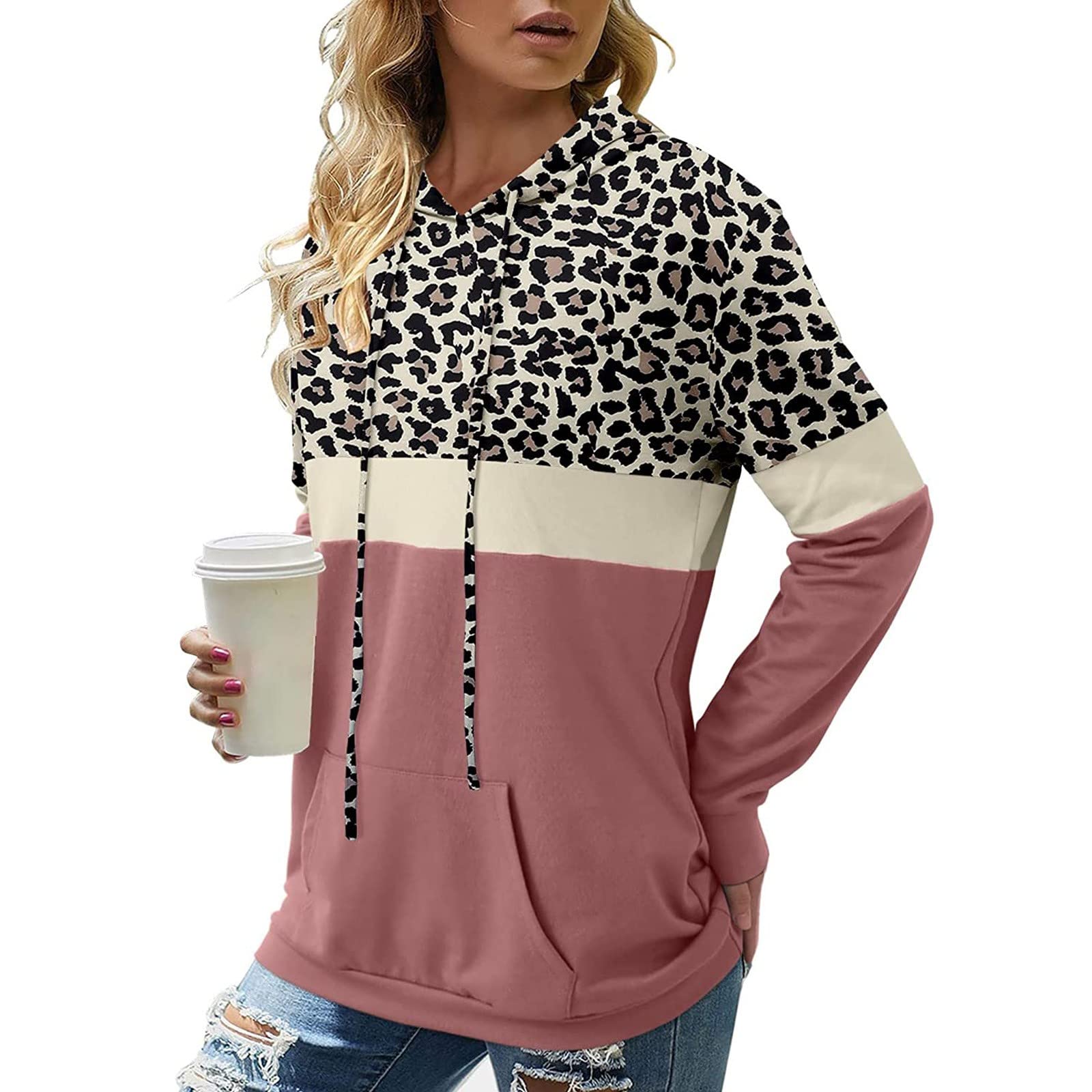 Women's Denim Tops & Hoodies - Off White Hoodie, Pink Sweatshirt & Wolf Print Pullover for Casual Wear, Street Style & Loungewear