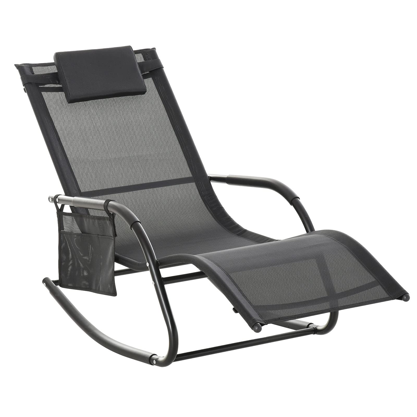 GXP Outdoor Rocking Recliner Chair - Adjustable Sling Sun Lounger with Removable Headrest - Black Patio Furniture for Poolside, Backyard & Beach Relaxation