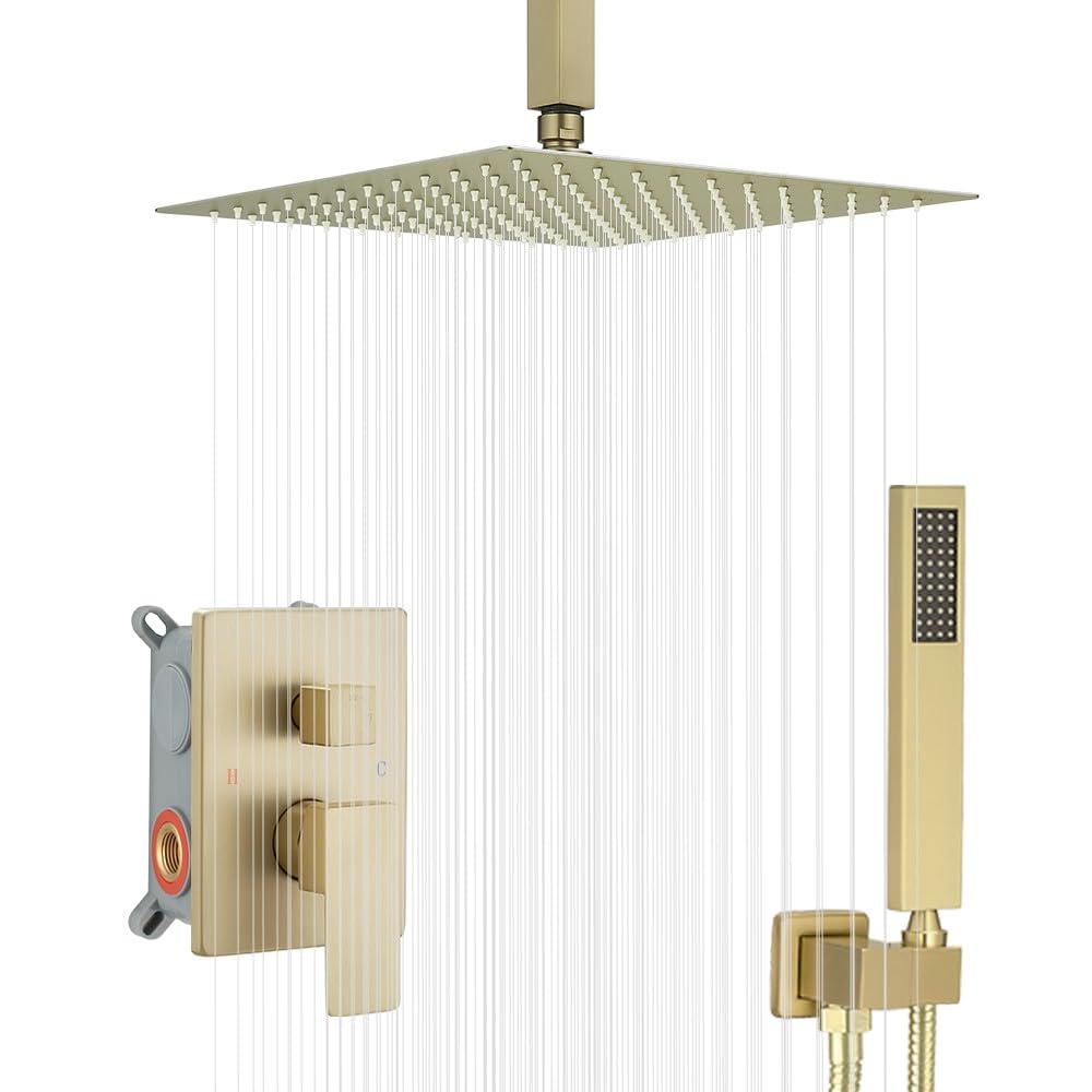 12 Inch Brushed Gold Ceiling Mount Rain Shower System - Luxury Rainfall Shower Head Combo Set with Faucet & Rough-in Valve for Modern Bathrooms | Perfect for Spa-Like Experience & Master Bathroom Renovations