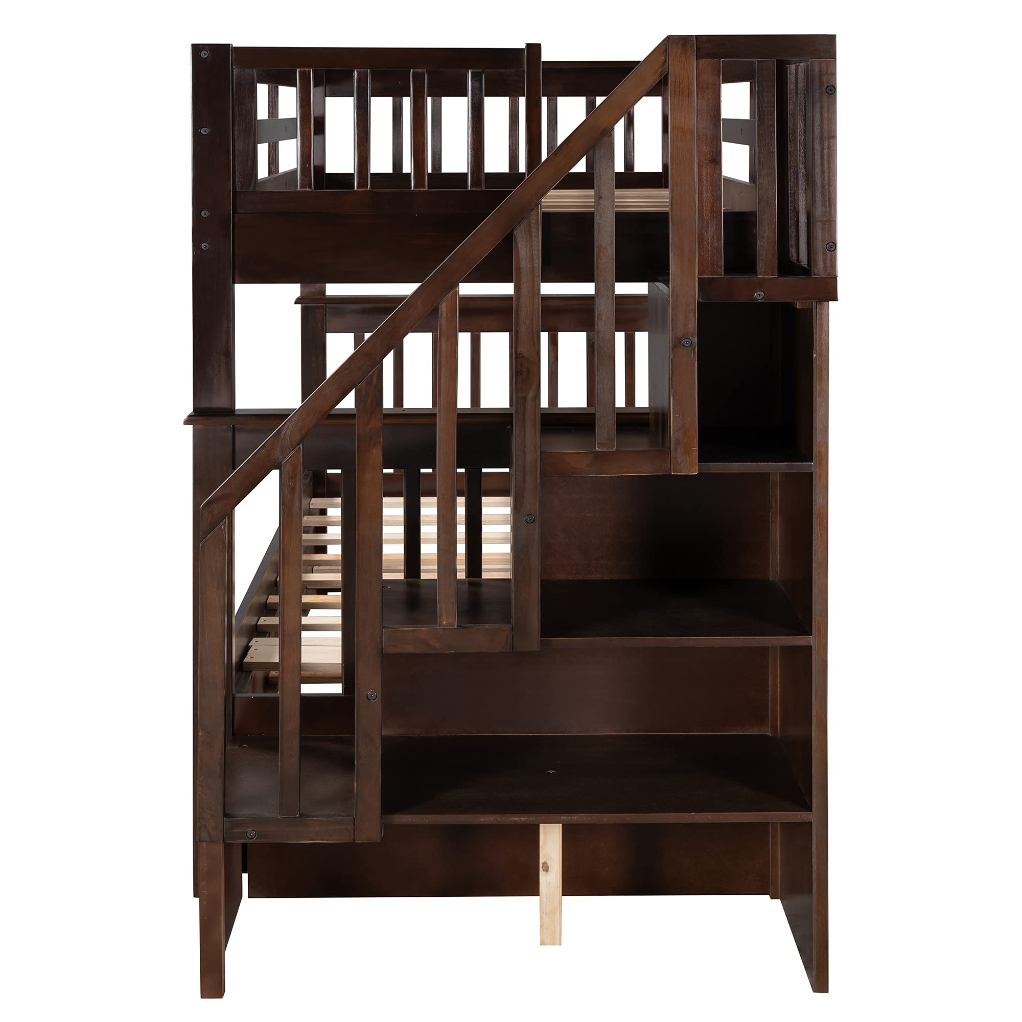 **Twin Over Twin Wooden Bunk Bed with Trundle, Stairs & Open Shelves – Espresso Kids & Teens Bunk Bed for Bedroom, Dorm, Guest Room – Space-Saving & Stylish Sleep Solution**