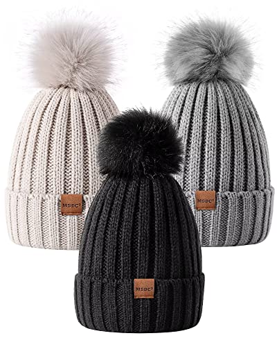 MSDC Women's Winter Beanie Hat 3-Pack with Pom Pom - Warm Knit Skull Cap for Cold Weather - Perfect for Outdoor Activities, Skiing, and Casual Winter Fashion