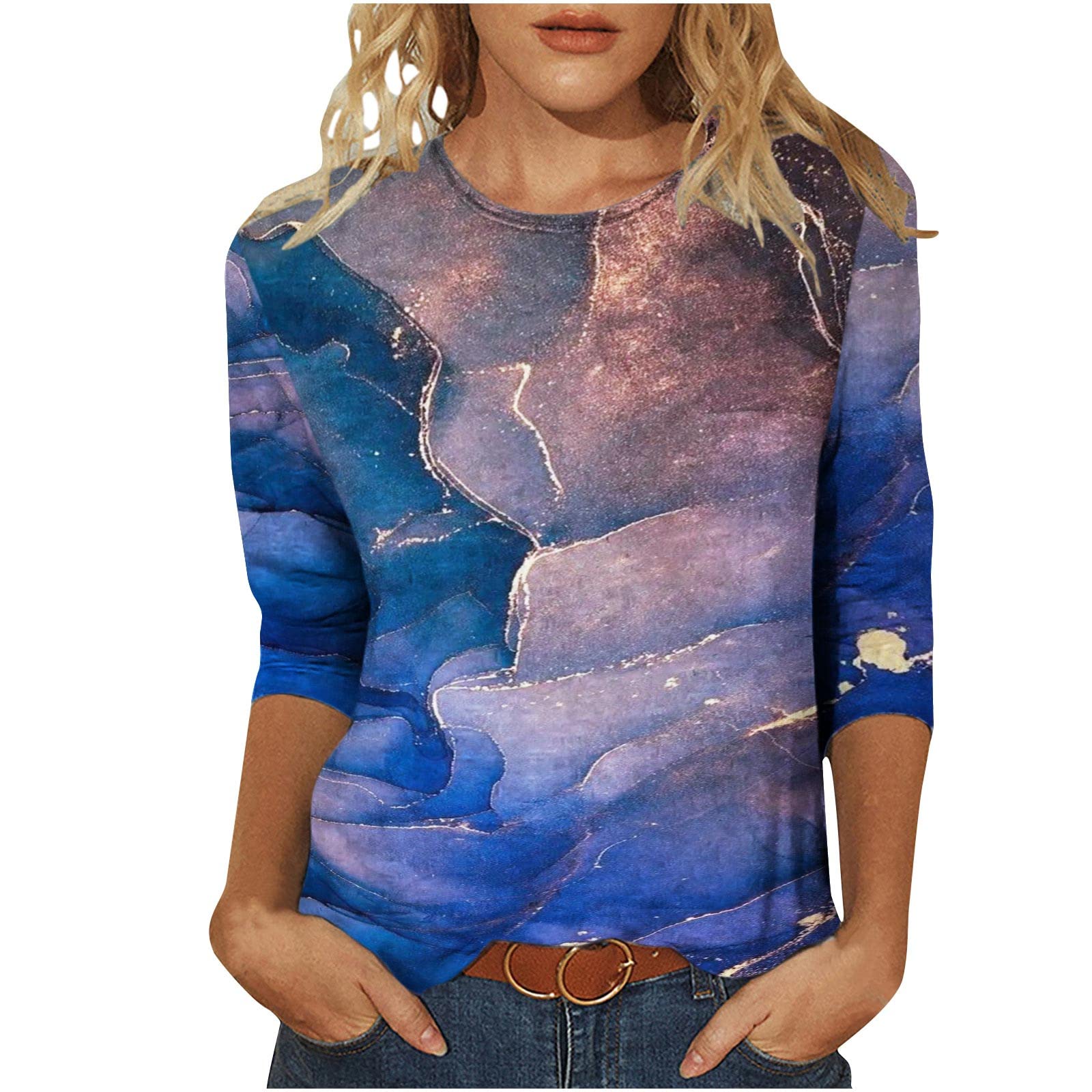 DOLKFU Women's Long Sleeve Tie Dye T-Shirt - Soft Crewneck Tunic Top for Fall 2022 - Funny & Fitted Blouse for Casual Wear, Work, and Date Nights
