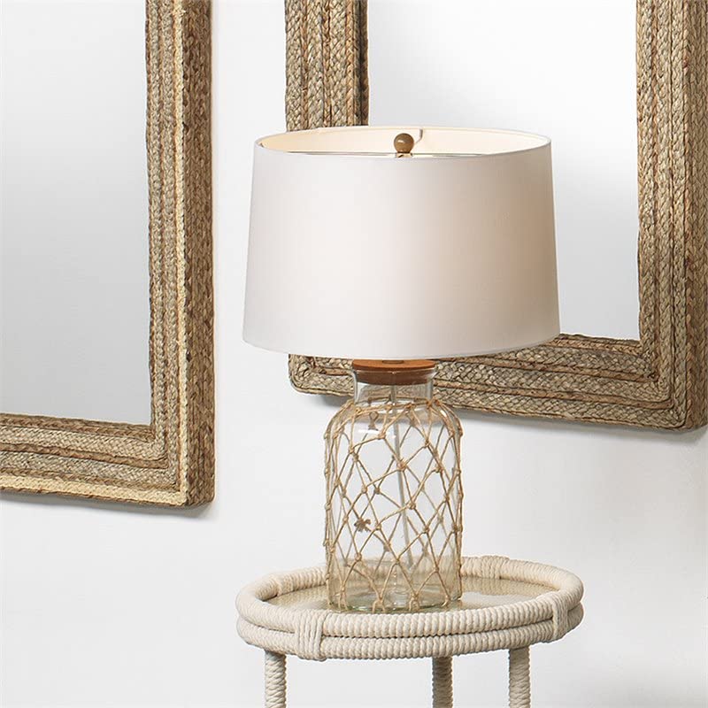 Coastal Rope & Glass Jar Table Lamp with Oatmeal Linen Shade - 3-Way Socket, Clear & Natural Finish - Perfect for Beach House, Farmhouse, or Boho Bedroom Decor