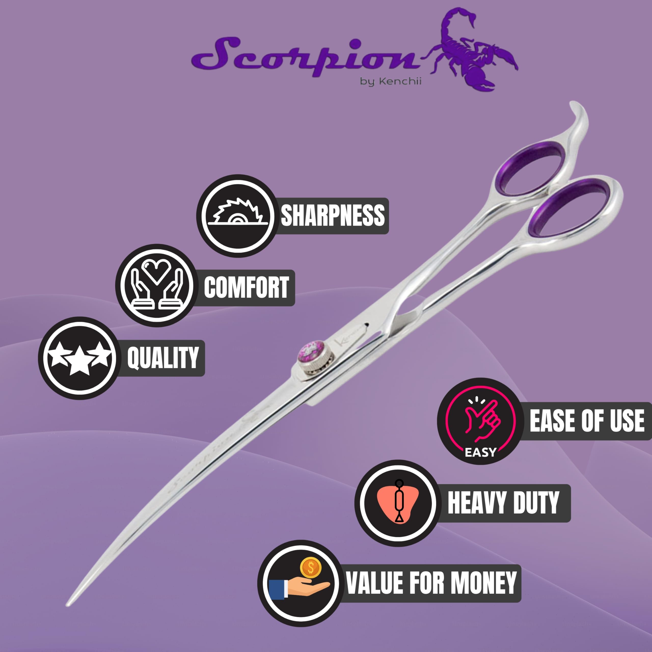 Premium Kenchii Scorpion 8-Inch Curved Dog Grooming Scissors - Professional Stainless Steel Pet Shears for Trimming & Styling - Perfect for Home & Salon Use