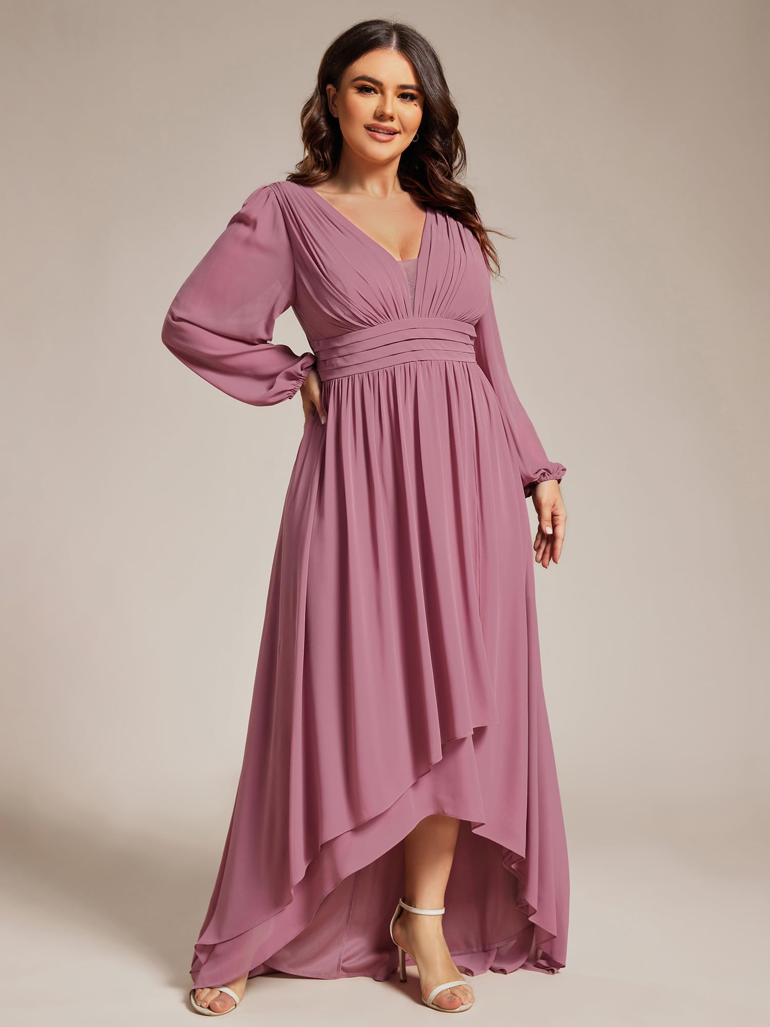 Ever-Pretty Plus Size Women's V-Neck Lantern Sleeve Pleated A-Line High-Low Wedding Guest Dress 02043-DA | Elegant Formal Occasion & Special Event Party Wear