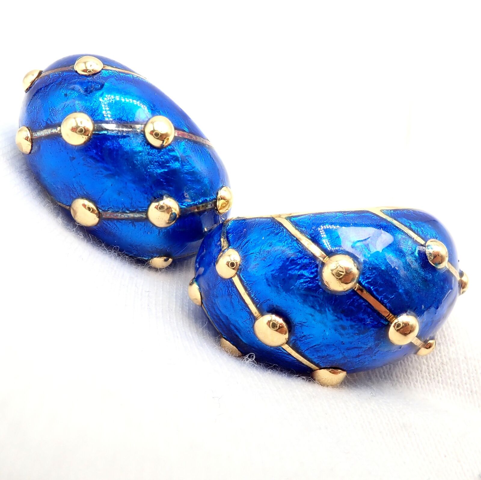 Tiffany & Co Schlumberger 18k Yellow Gold Large Blue Enamel Banana Clip Earrings - Luxury Vintage Jewelry for Women, Perfect for Parties, Weddings & Special Occasions