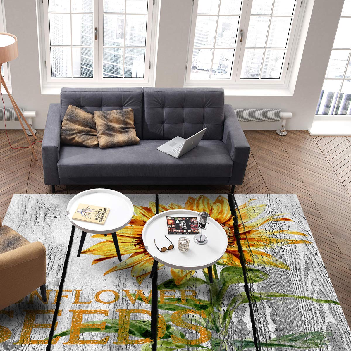 3'x5' Sunflower Area Runner Rug - Washable Indoor Outdoor Carpet for Kitchen, Living Room, Bathroom, Bedroom, Classroom & Laundry Room | Non-Slip Wood Grain Design Doormat & Welcome Floor Mat - Perfect for Entryways, Hallways and High Traffic Areas