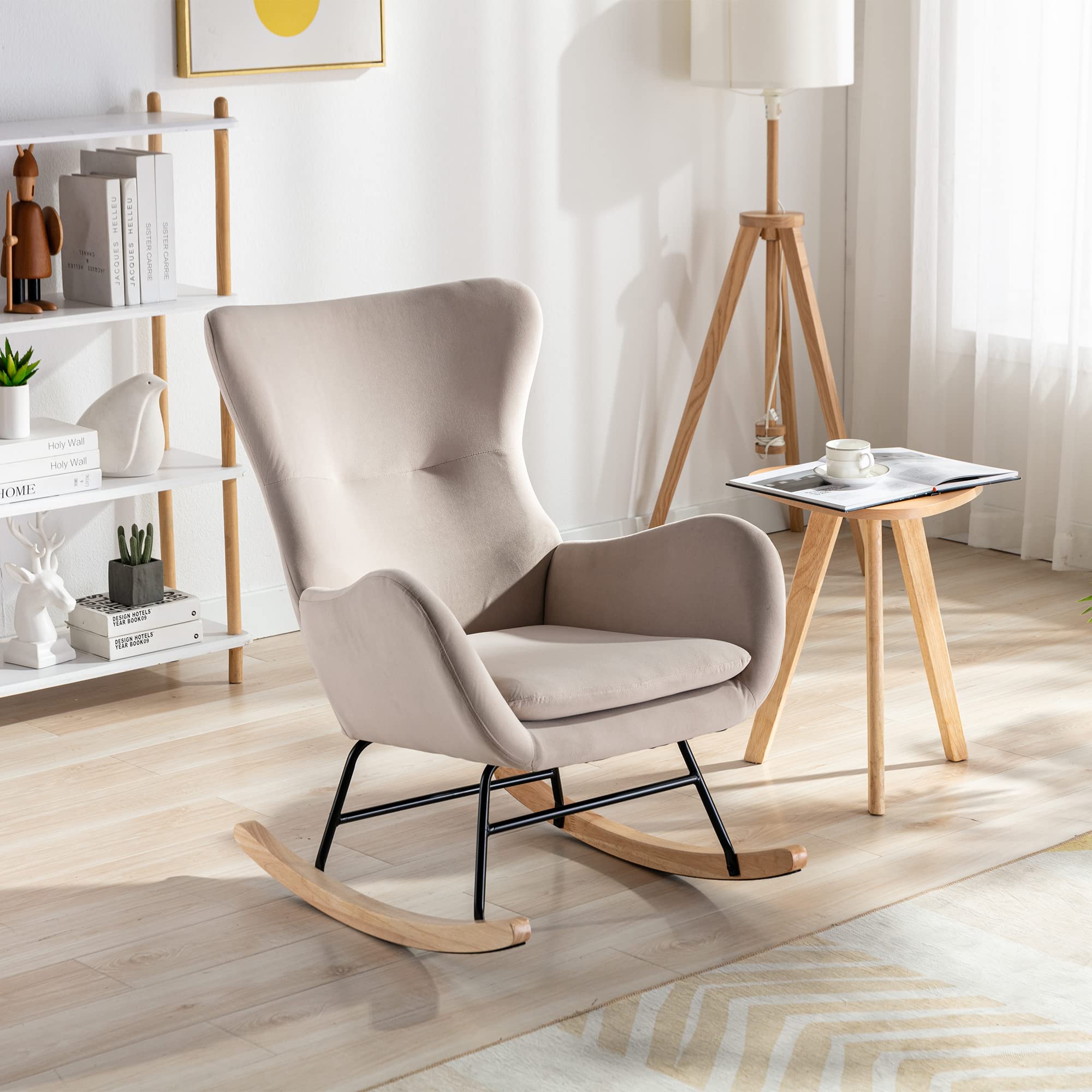 Modern Velvet Rocking Chair with Padded Seat & High Backrest - Nursery Rocker for Living Room, Bedroom, Balcony - Comfortable Accent Chair for Adults & Kids (Beige) - Perfect for Relaxing, Nursing & Reading
