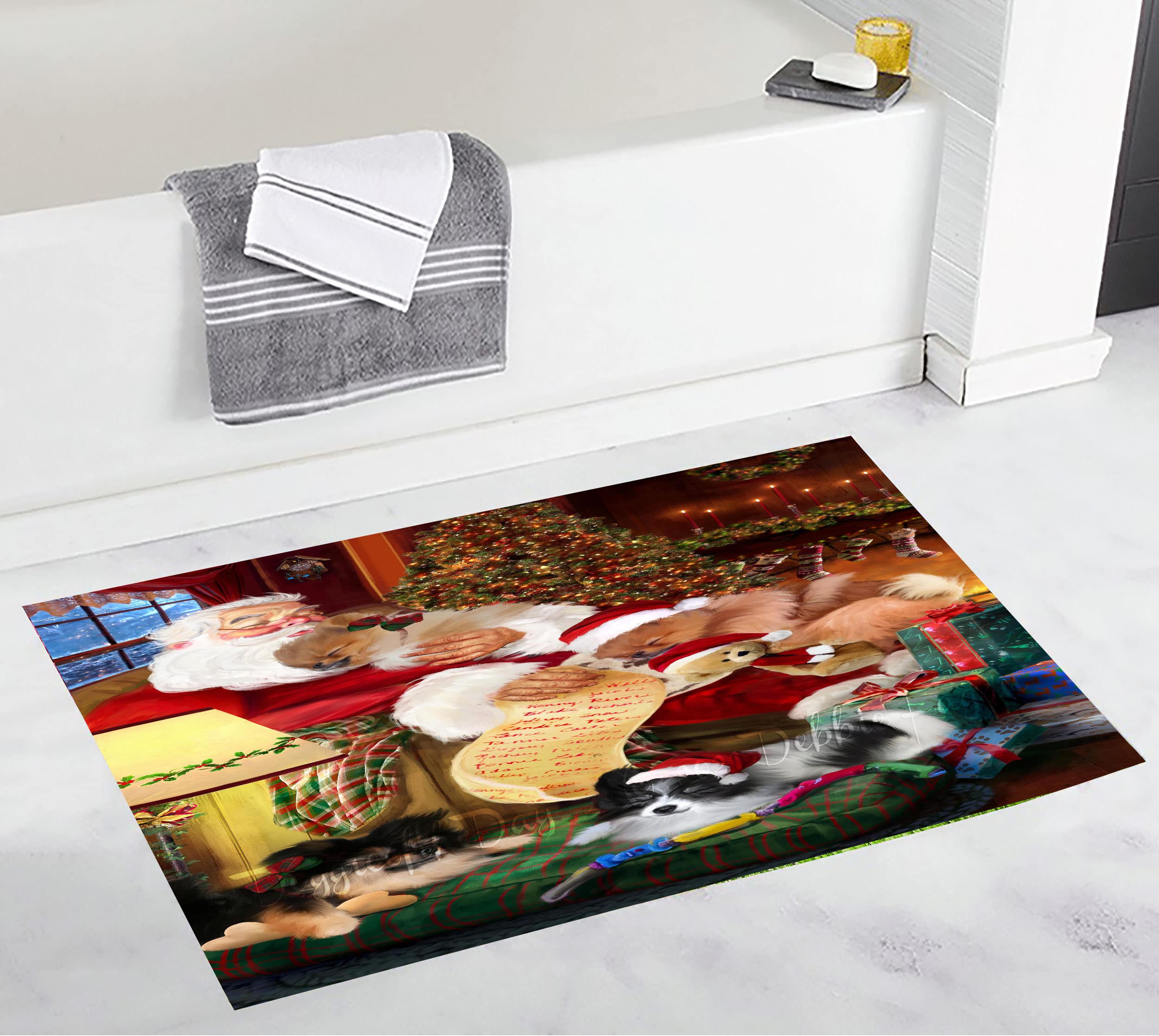 Christmas Santa Sleeping with Pomeranian Dogs Bath Mat - Non-Slip Pet Bathroom Rug, Soft Absorbent Plush Mat for Dogs & Cats, Unique Pet Portrait Design, Washable Premium Quality (16
