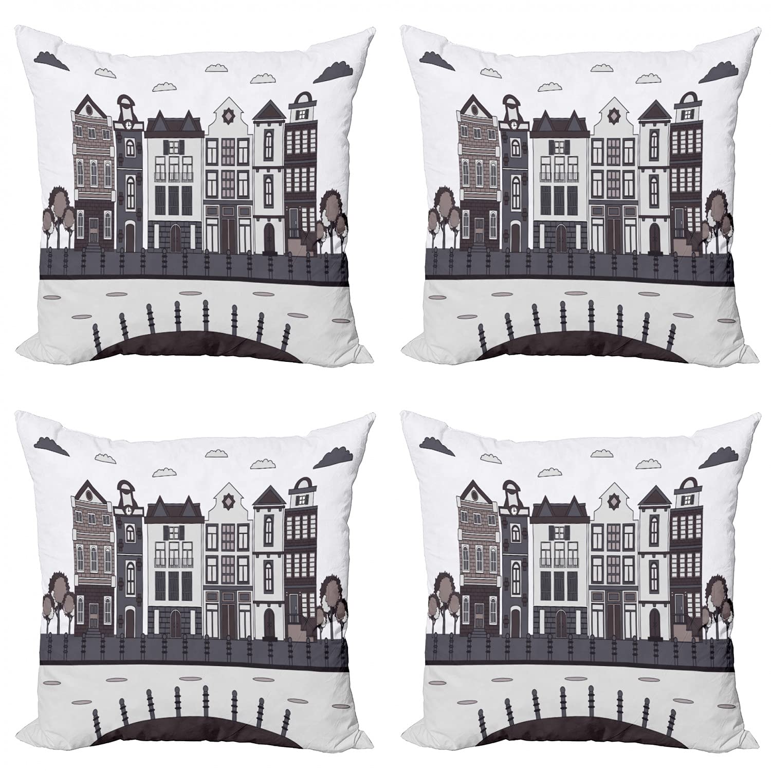 Ambesonne Amsterdam Decorative Throw Pillow Covers Pack of 4, Geometric Cityscape Design, 16