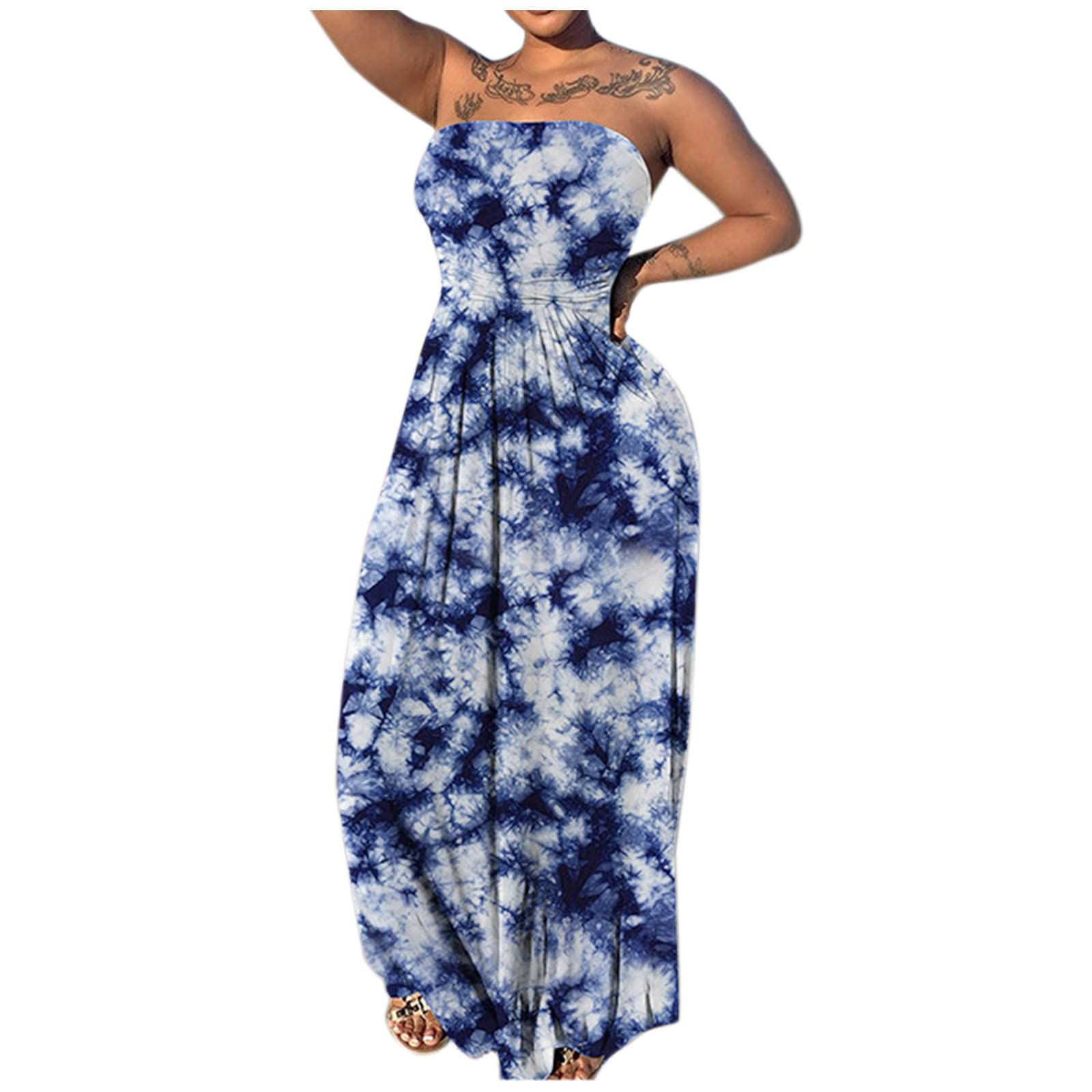 iLXHD Women's Summer Floral Print Tie-Front Ruched Off Shoulder Maxi Dress - Sleeveless Beach Dress for Vacation, Party & Date Night