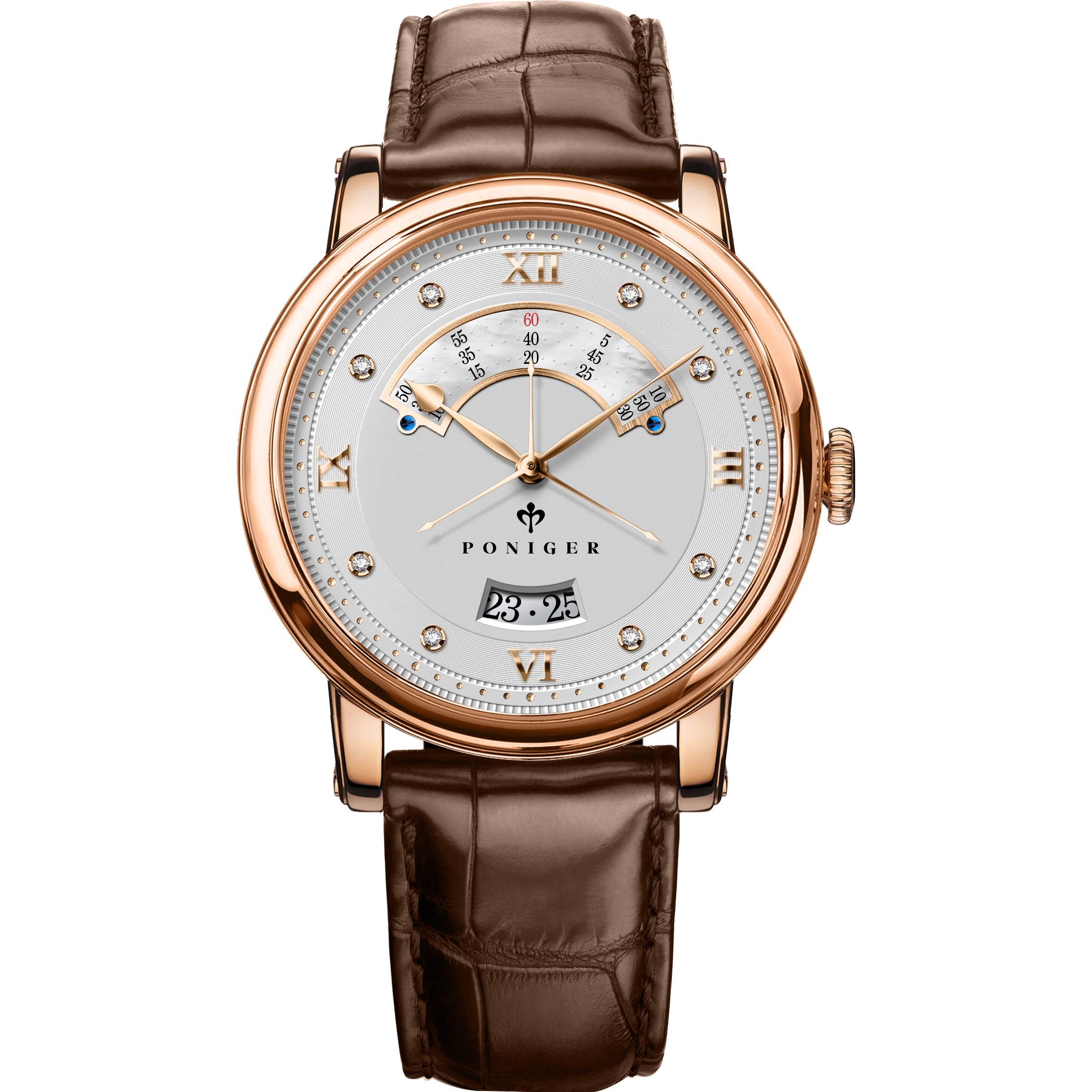PONIGER Men's Automatic Mechanical Watch - Luxury Self-Winding Business Wristwatch with Date & 24-Hour Display, 50M Waterproof, Stainless Steel/Leather Band - Perfect for Office, Formal Events & Everyday Wear