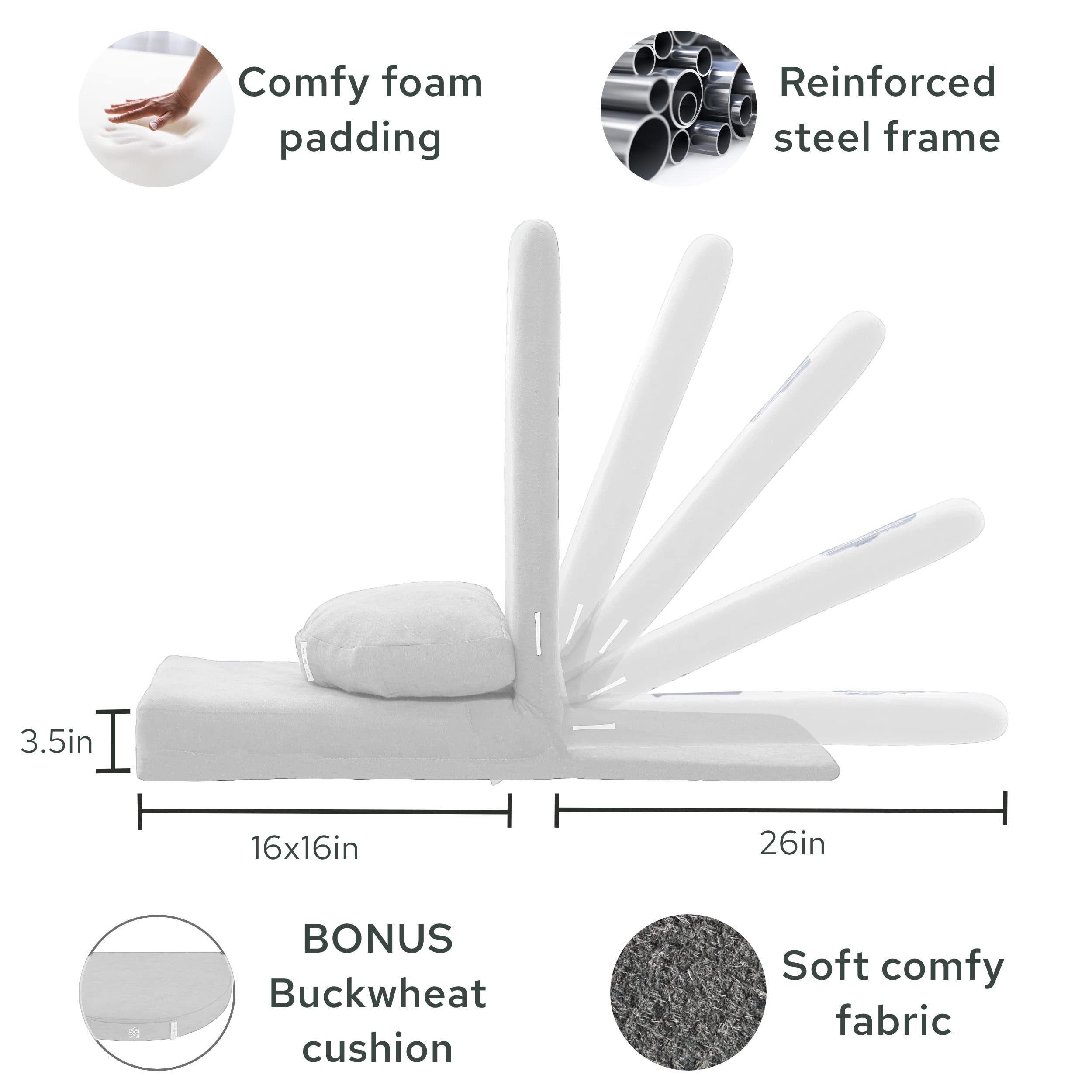 Mindful Modern Folding Meditation Chair with Back Support - Adjustable Floor Seat for Yoga & Zen Practice - Includes Half Moon Buckwheat Cushion - Perfect for Living Room, Bedroom & Meditation Spaces