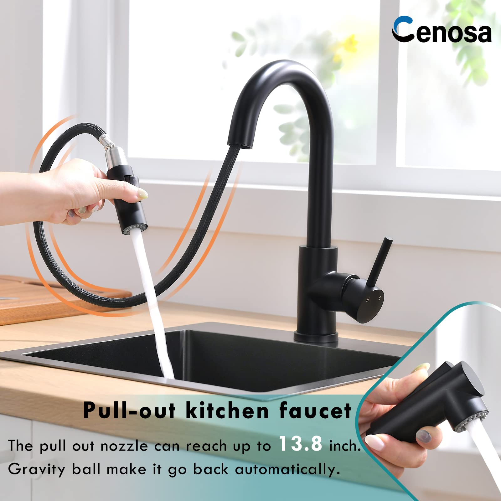 Modern Matte Black Single Handle Pull-Out Sprayer Kitchen Bar Sink Faucet with Hot & Cold Water - Perfect for Prep Sinks, Wet Bars, and Small Kitchen Spaces
