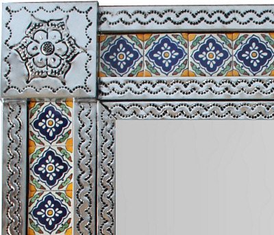 Large Silver Guadalajara Tile Mexican Wall Mirror - Handcrafted Mexican Folk Art Decor for Living Room, Bedroom, or Bathroom