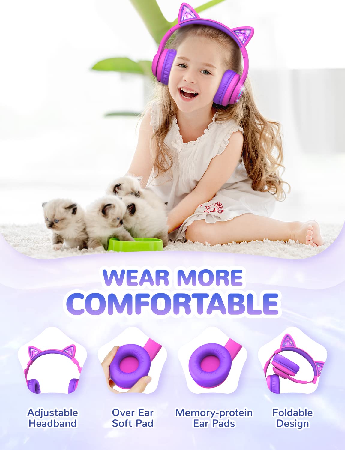iClever Cat Ear Kids Bluetooth Headphones with LED Lights - 85dB Safe Volume Limited, 50H Playtime, Bluetooth 5.2, USB-C Charging - Wireless Headphones for Children, Perfect for Travel, iPad, Tablet & School (Meow Macaron Hot Pink)