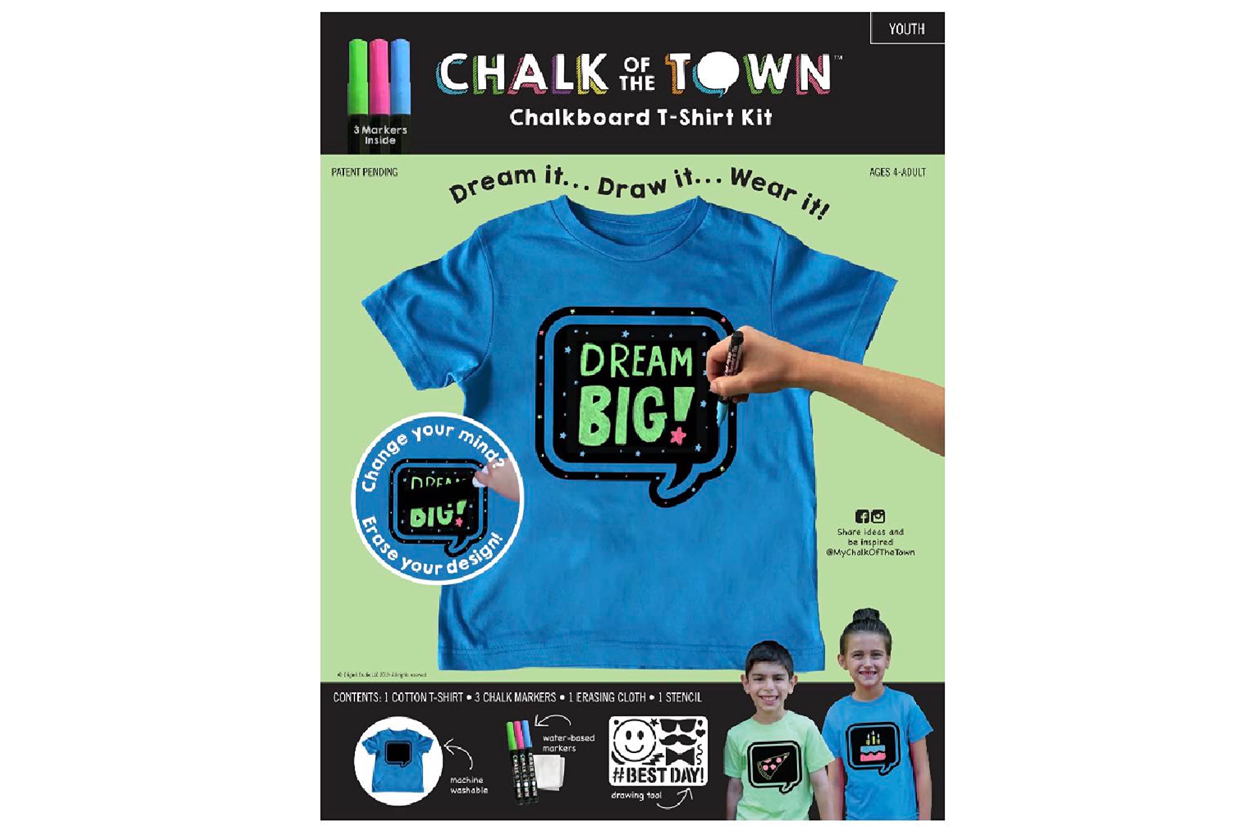 Kids Blue Speech Bubble Chalkboard T-Shirt Kit with 3 Washable Markers & Stencil - Youth XS | Fun DIY Craft & Back to School Activity