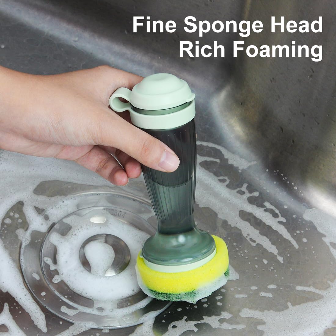 Eco-Friendly CQT Dish Brush with Built-in Soap Dispenser - Kitchen Sink Scrubber for Pots, Pans & Dishes Cleaning (Includes 1 Brush & 2 Refills) - Perfect for Daily Dishwashing & Tough Grease Removal