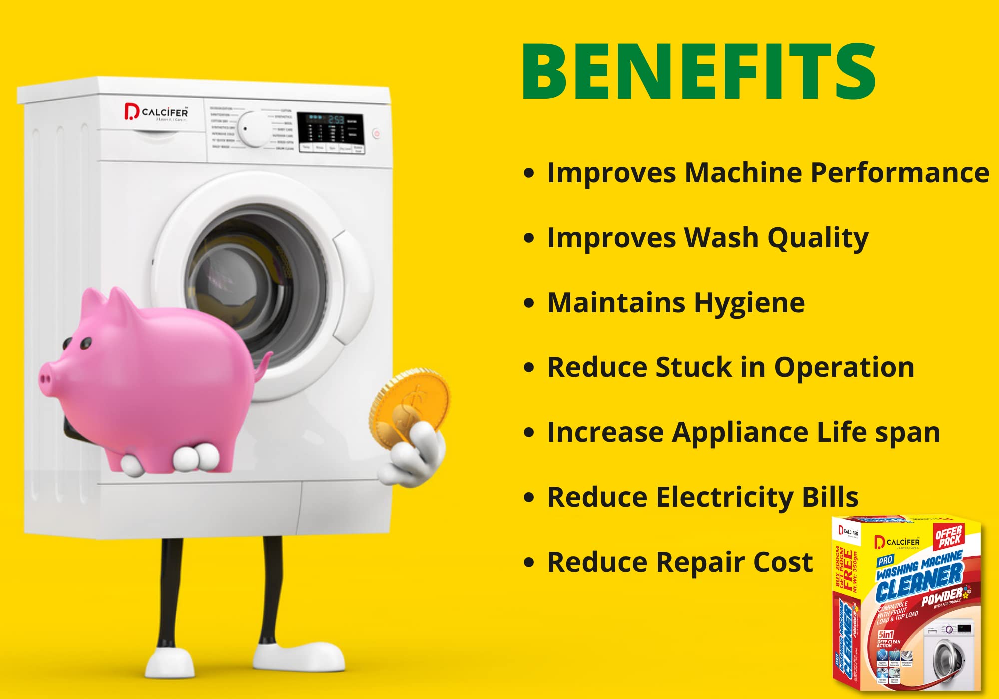 Dcalcifer Washing Machine Cleaner & Descaler Powder - Deep Cleaning for Front/Top Load Washers (Semi & Fully Automatic) - 14 Pouches (350g x 2 Pack = 700g) - Removes Limescale, Odors & Residue - Perfect for Monthly Maintenance & Appliance Care