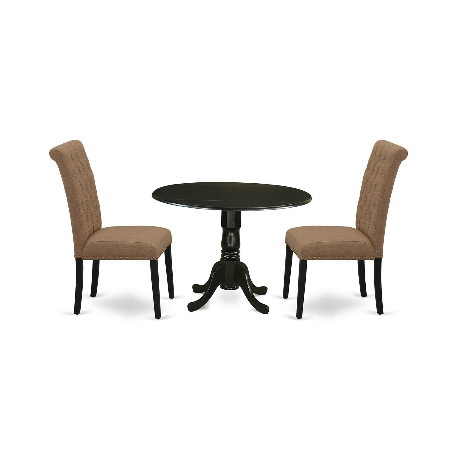 East West Furniture DLBR3-BLK-17 3-Piece Round Dining Table Set with Drop Leaf & 2 Upholstered Chairs, 42x42 Inch, Black - Perfect for Small Spaces, Breakfast Nooks & Cozy Apartments