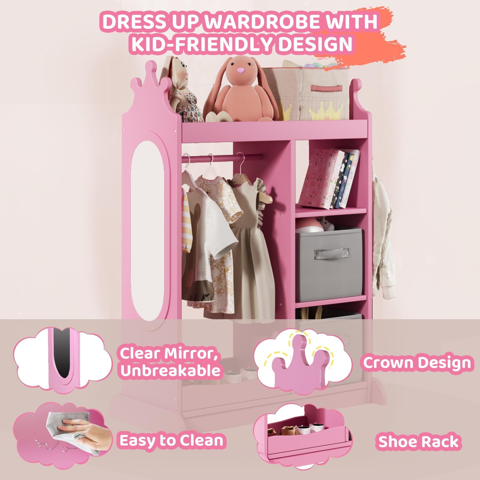 KIDINIX Kids Wardrobe with Mirror - 3-Tier Storage Shelf, 2 Fabric Bins & Shoe Rack | Pink Open Dress Up Armoire for Coats, Dance Costumes, Hats & Shoes | Perfect for Bedroom Organization & Pretend Play