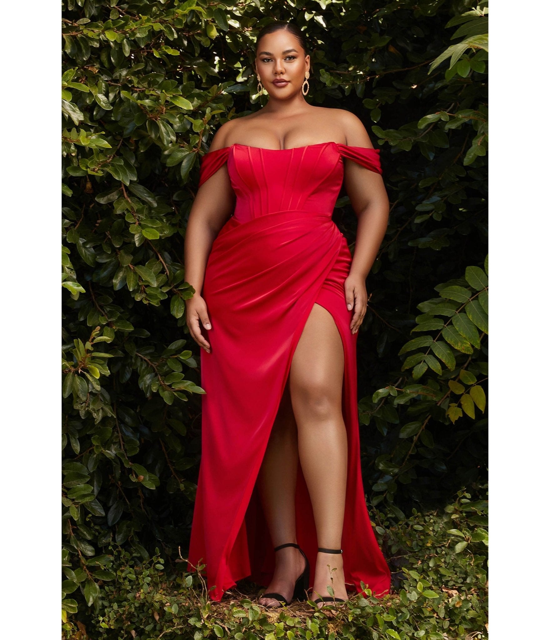 Ladivine by Cinderella Divine Plus Size Red Satin Corset Off Shoulder Prom Dress for Women - Elegant Evening Gown for Homecoming, Wedding Guest, Pageant & Special Occasions