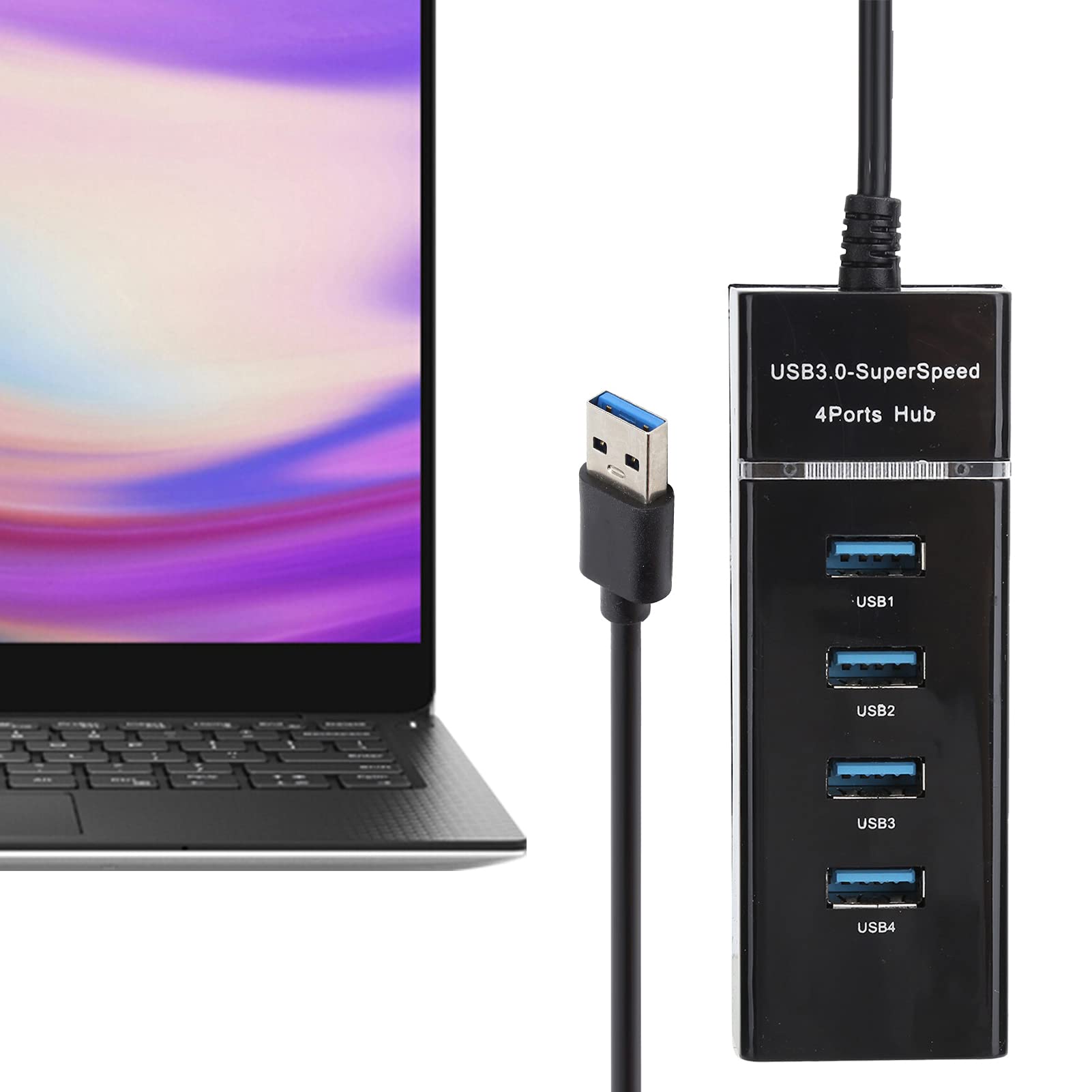 4-Port USB 3.0 Hub with Fast Data Transfer & Charging - USB Male to Female Extender Adapter for PC, Laptop, MacBook - Perfect for Home Office, Gaming & Multi-Device Connectivity