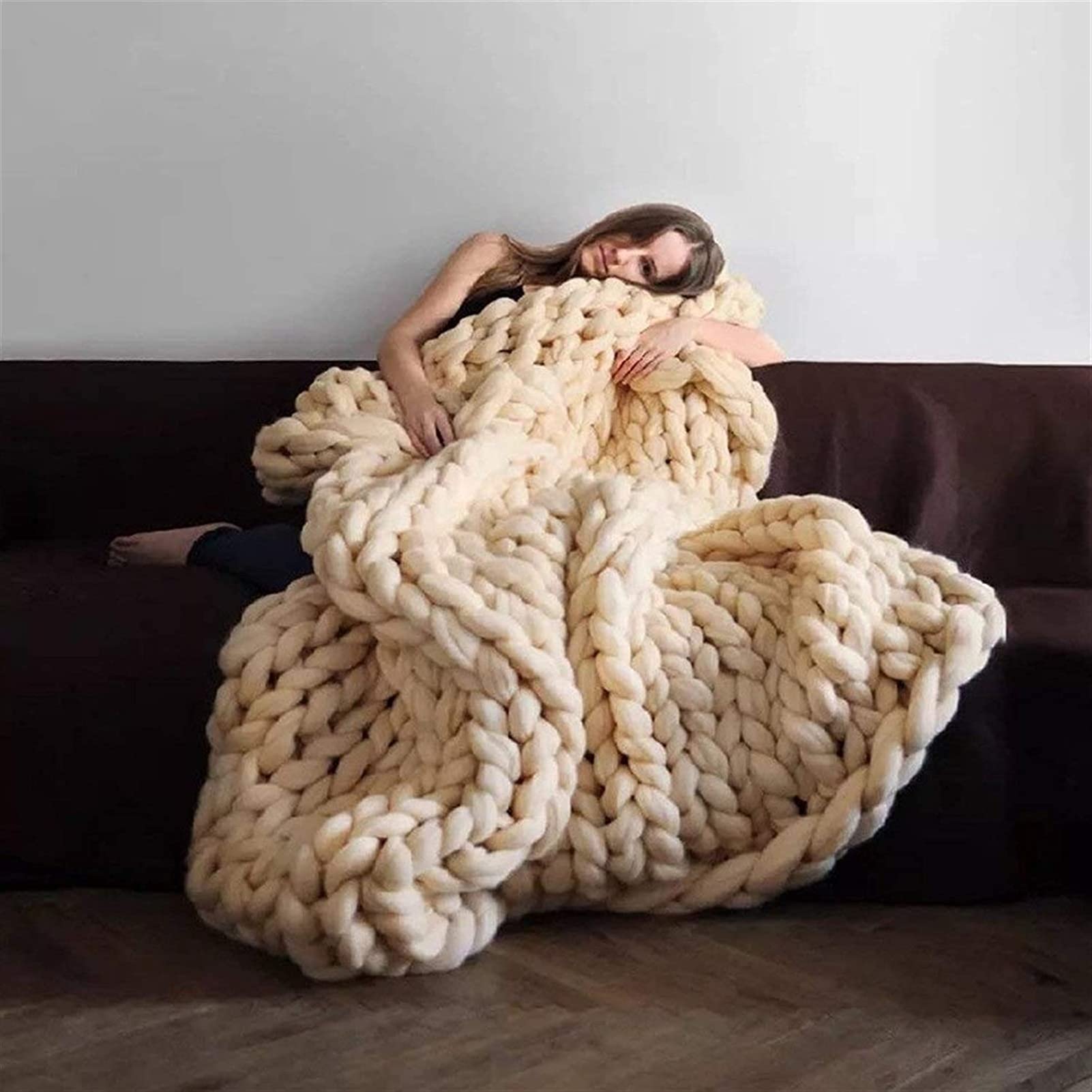 Chunky Knit Blanket - 40x40in (100x100cm) Handmade Arm Knitted Throw Blanket for Cozy Sofa, Bed & Fireplace - Soft Yarn Blanket for Winter Warmth & Home Decor