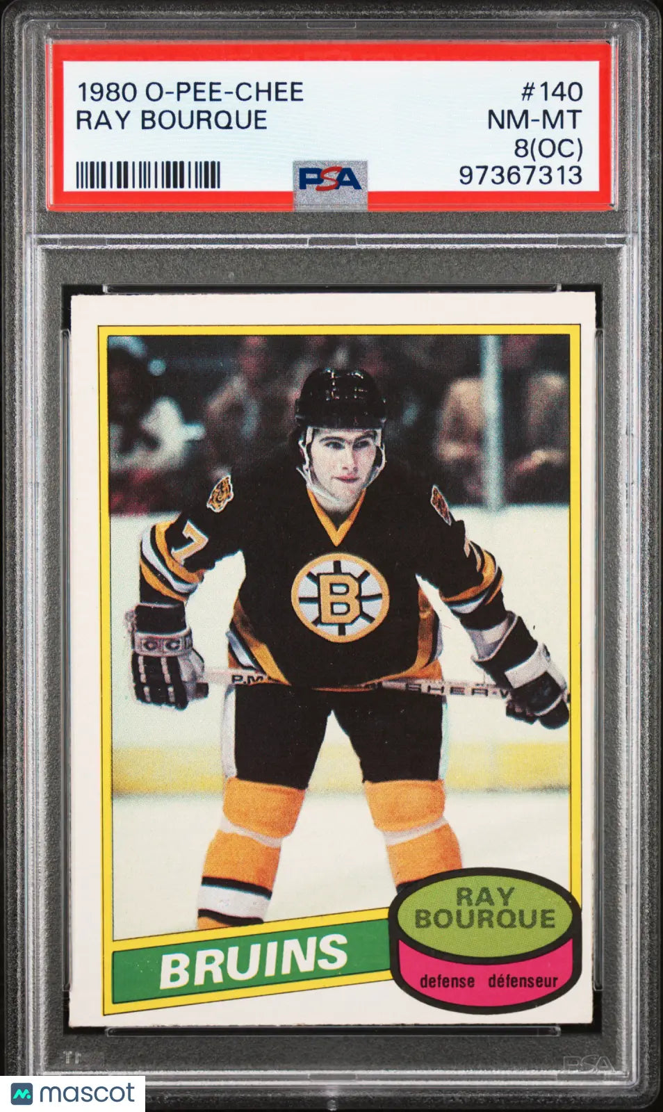 1980 O Pee Chee Hockey Ray Bourque RC Rookie PSA 8 (OC) #140 - Vintage Hockey Card for Collectors & Sports Memorabilia Enthusiasts - Perfect for Display, Investment & Nostalgic Sports Fans