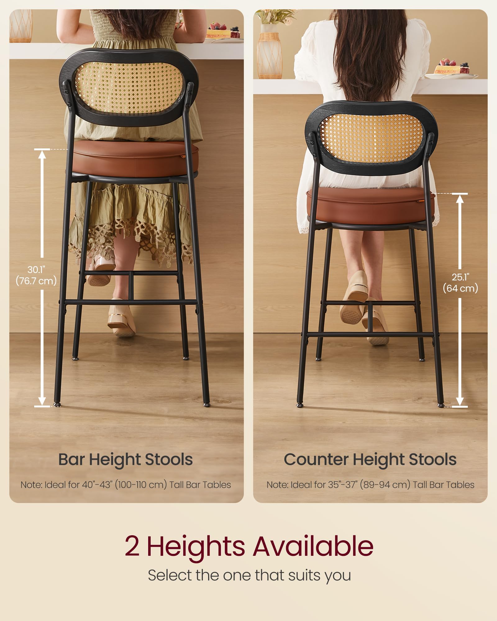 VASAGLE 2-Pack Counter Height Bar Stools with PE Rattan Back & Synthetic Leather Seat - 25.1