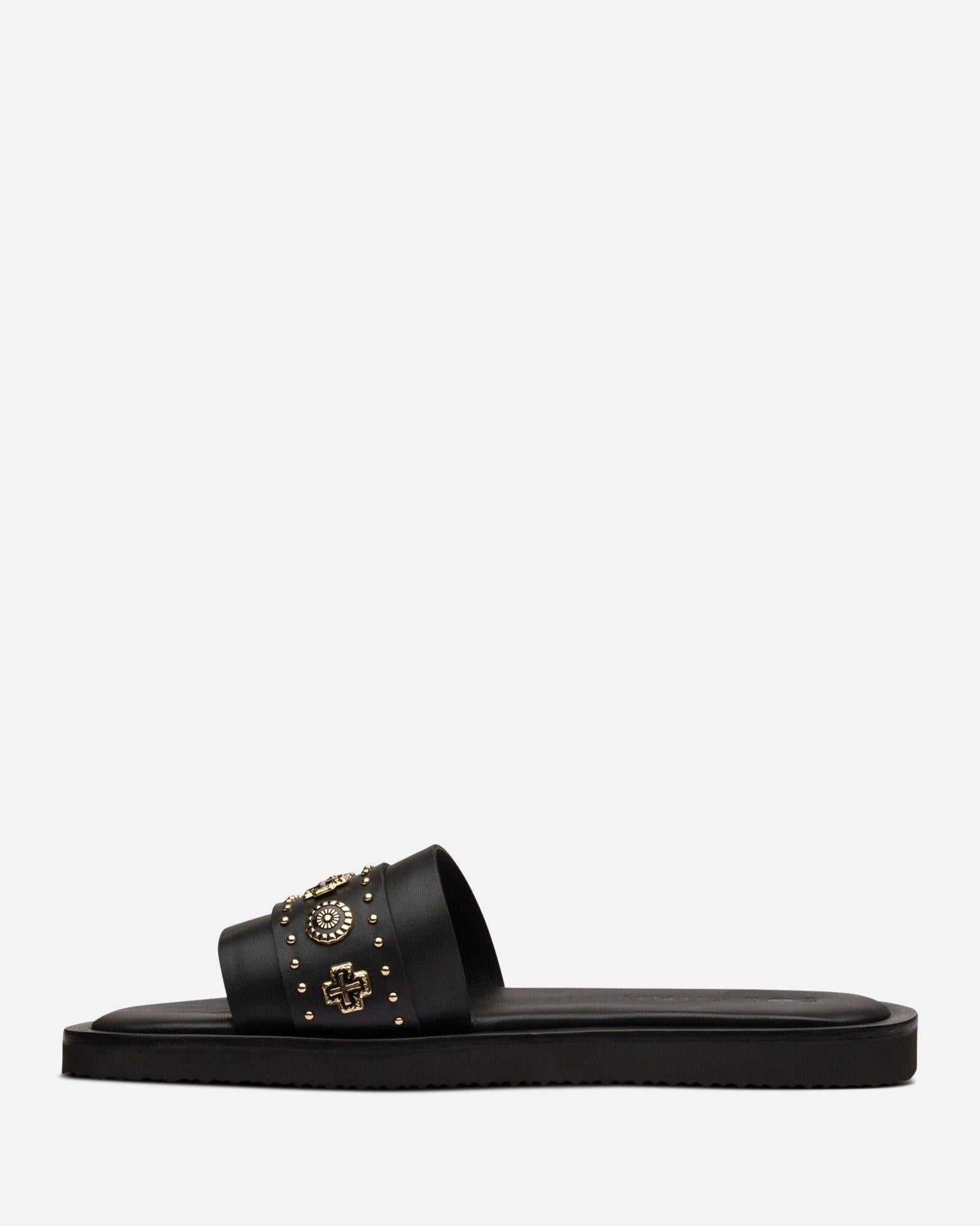 Cleo Slide Sandals for Women - Black & Gold Gladiator Flat Summer Shoes | Comfortable Casual Footwear for Beach, Vacation, and Daily Wear