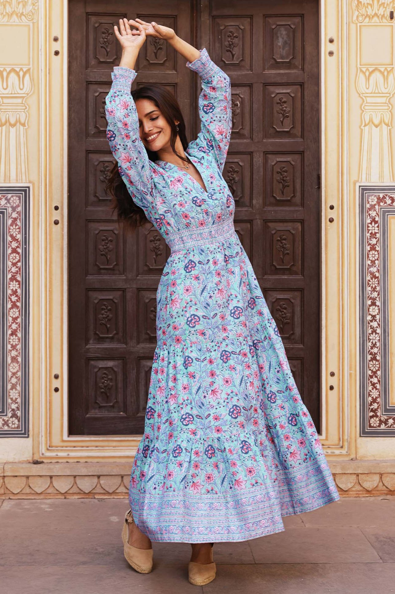 Billie Organic Cotton Block Print Dress - Floral Gardenia Blue/Red | Boho Summer Dress for Women | Perfect for Beach, Vacation & Casual Outings