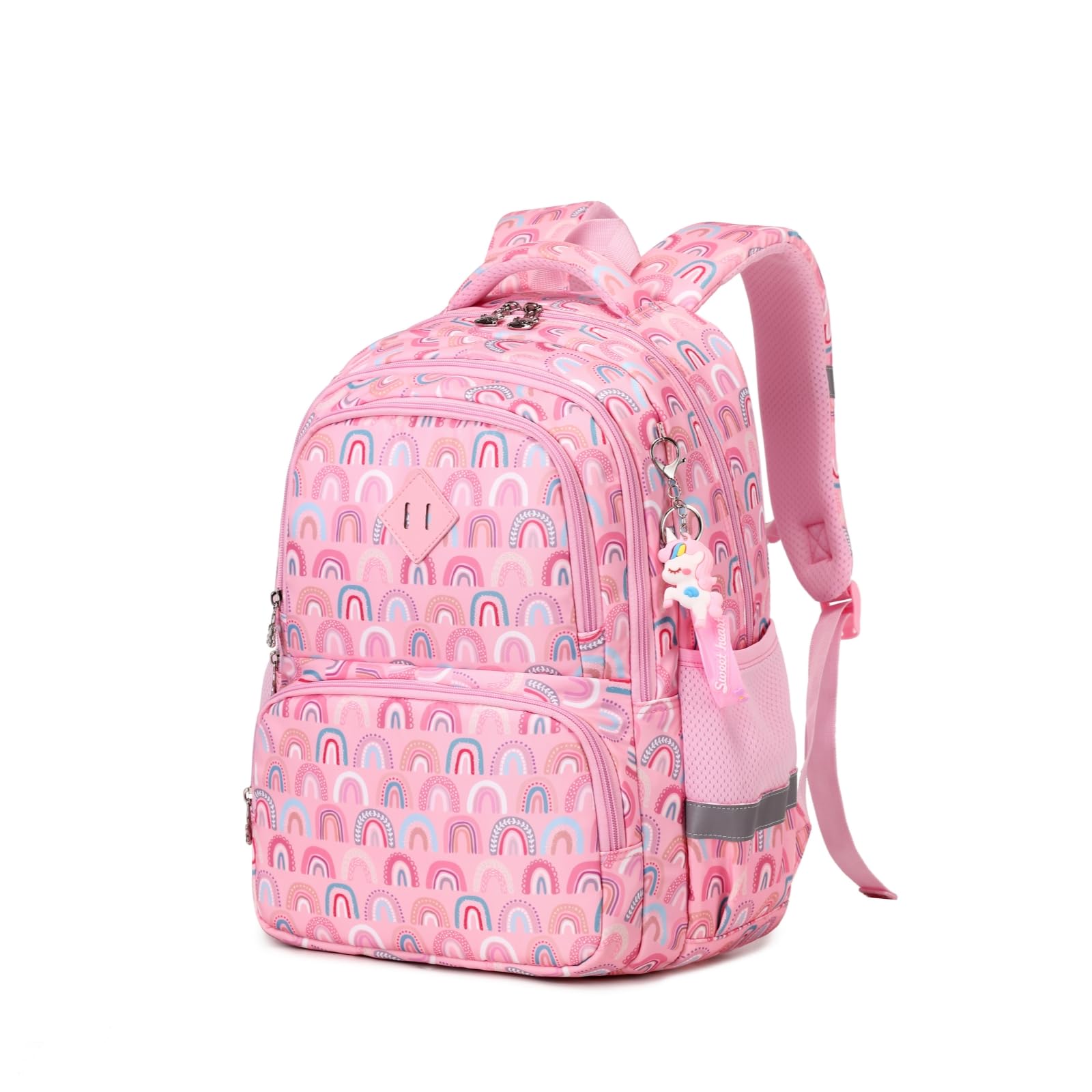Rainbow Print Waterproof Backpack for Girls - Lightweight School Backpack with Multiple Pockets for Elementary Students | Perfect for School, Travel & Daily Use (Pink-Rainbow)