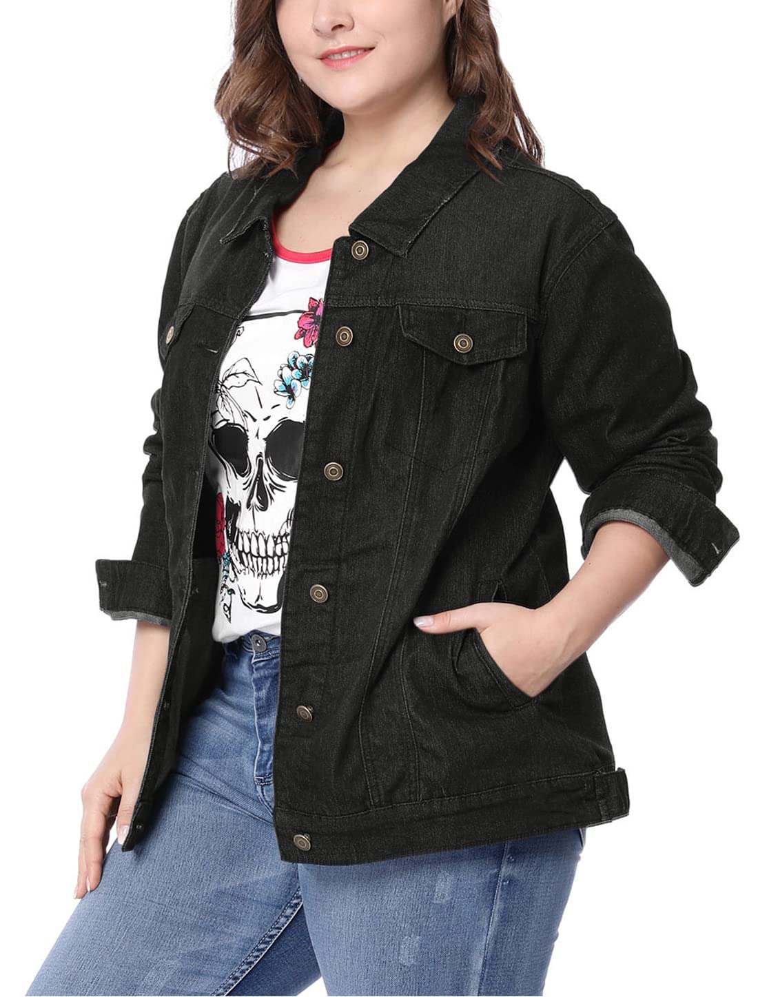 Women's Plus Size Denim Jean Jacket - Distressed Washed Button Front Stitching Design | Casual Outfit for Streetwear, Fall Layering & Everyday Fashion