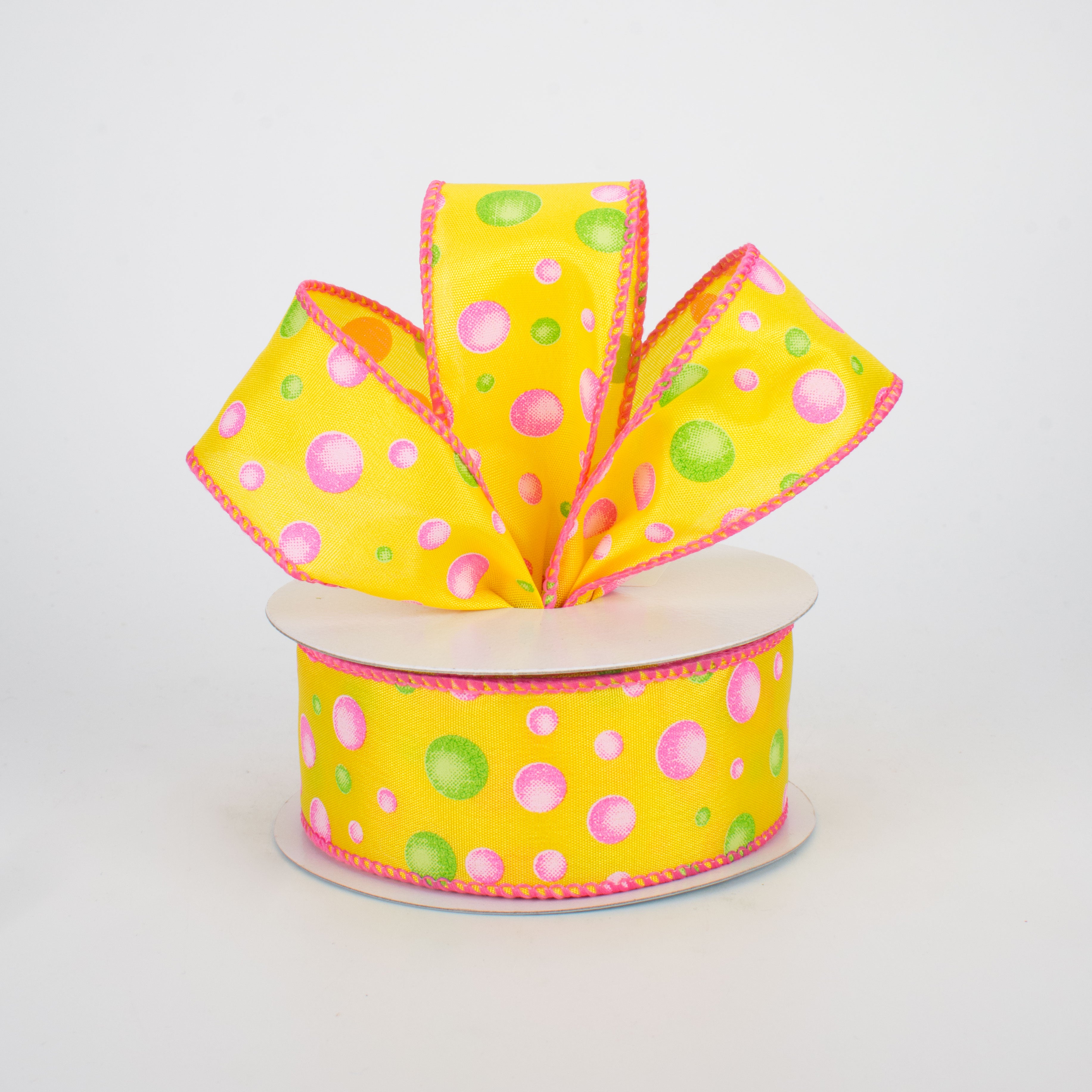 1.5 Inch Pink & Green Dots Ribbon - Decorative Craft Ribbon for Gift Wrapping, DIY Projects, Hair Bows, Scrapbooking (10 Yards, Yellow)