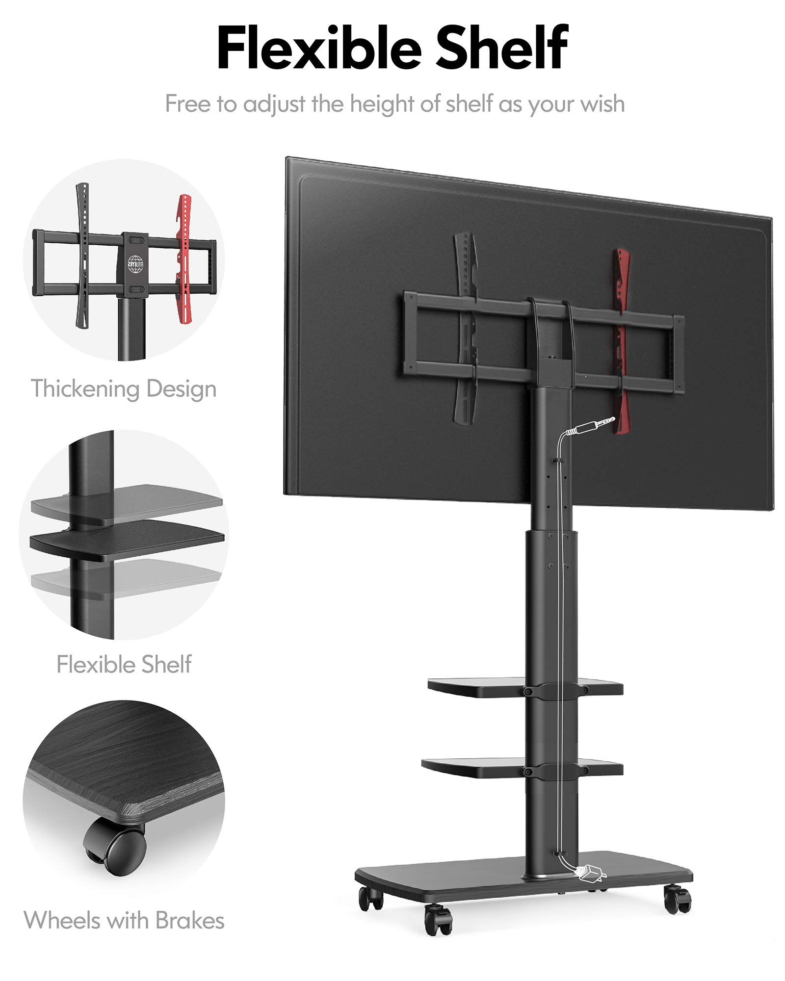 FITUEYES Universal Mobile TV Stand with Swivel Mount for 32-70 Inch Flat & Curved TVs - Heavy Duty Rolling TV Cart with Wheels (88 lbs Capacity, Max VESA 600x400mm) - Perfect for Living Room, Bedroom, or Office (Black)